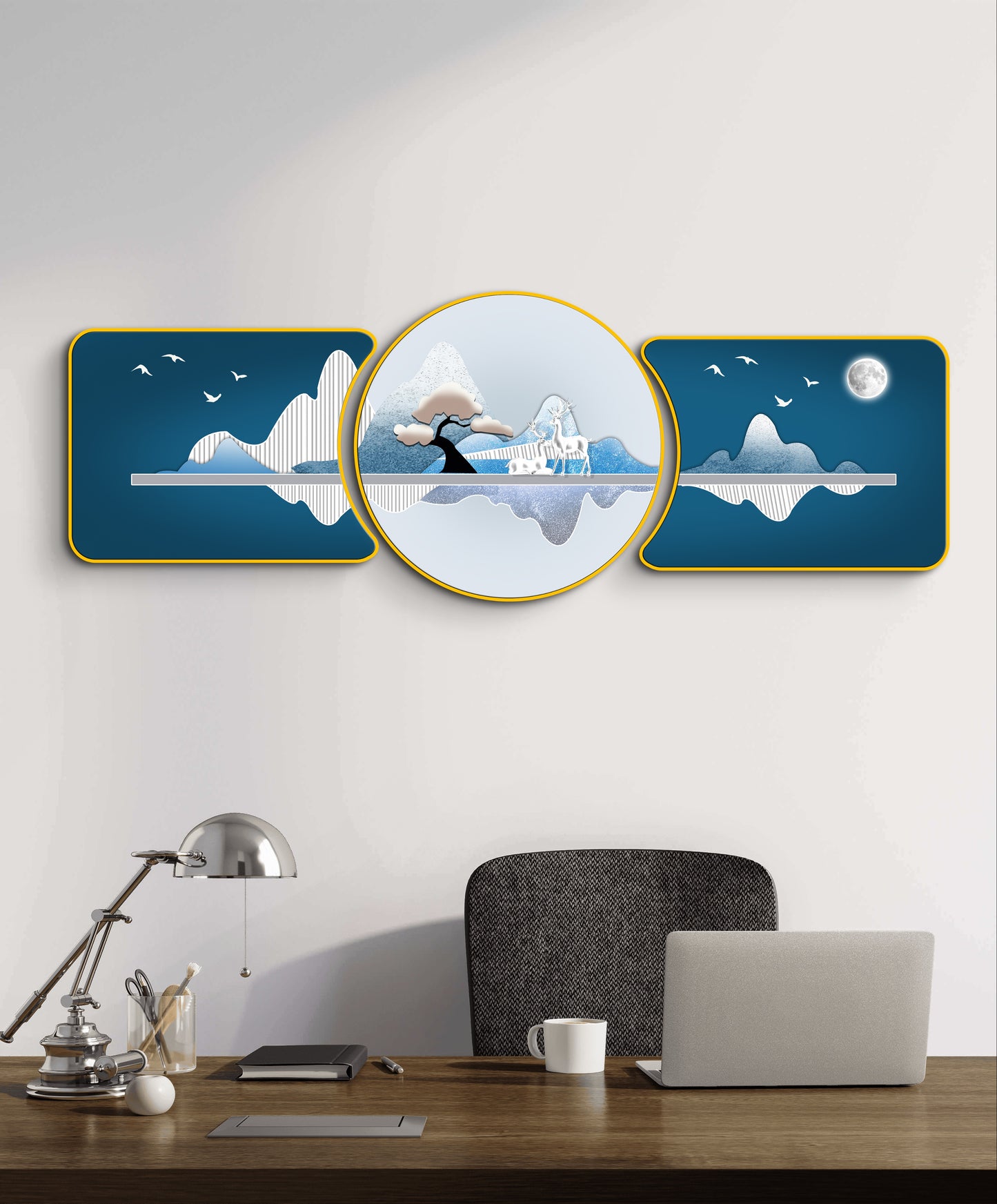 Blue Mountains Golden Deer Majestic Golden Deer with Trees & Waves Framed Crystal Glass Framed Wall Paintings For Wall Decoration at Home & Wall Decoration items - Set of 3