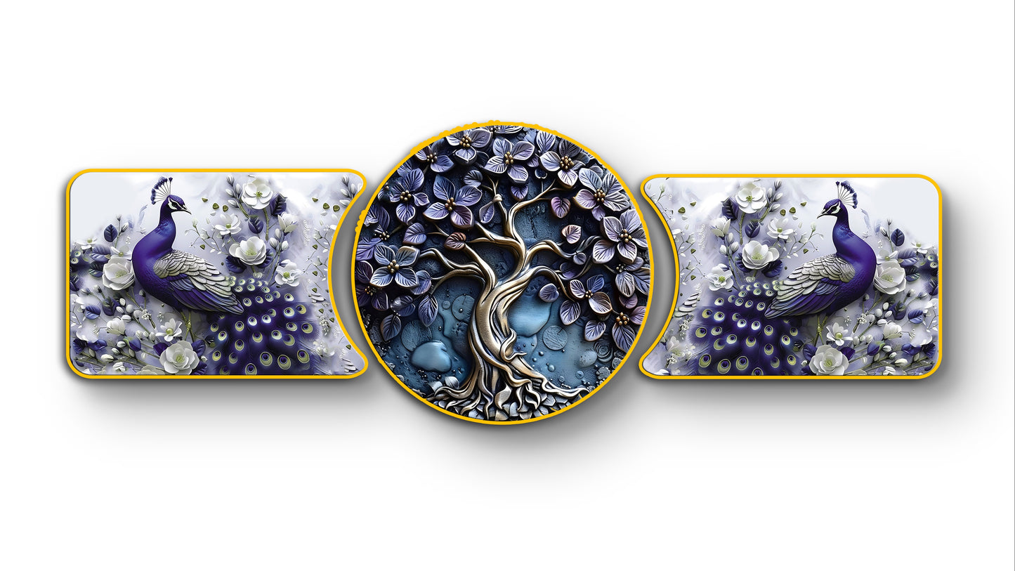 “Blue Tree & White Peacock Majestic Golden Deer with Trees & Waves Framed Crystal Glass Framed Wall Paintings For Wall Decoration at Home & Wall Decoration items - Set of 3