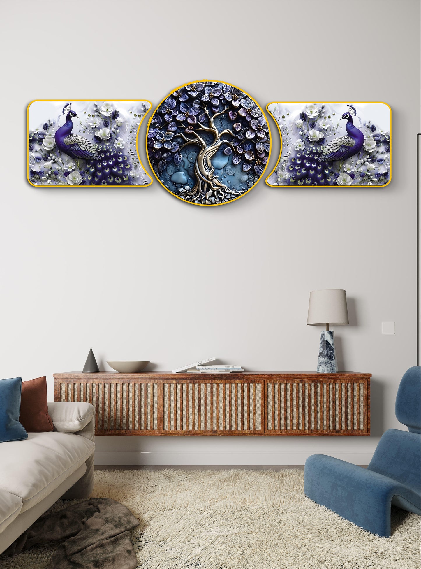 “Blue Tree & White Peacock Majestic Golden Deer with Trees & Waves Framed Crystal Glass Framed Wall Paintings For Wall Decoration at Home & Wall Decoration items - Set of 3