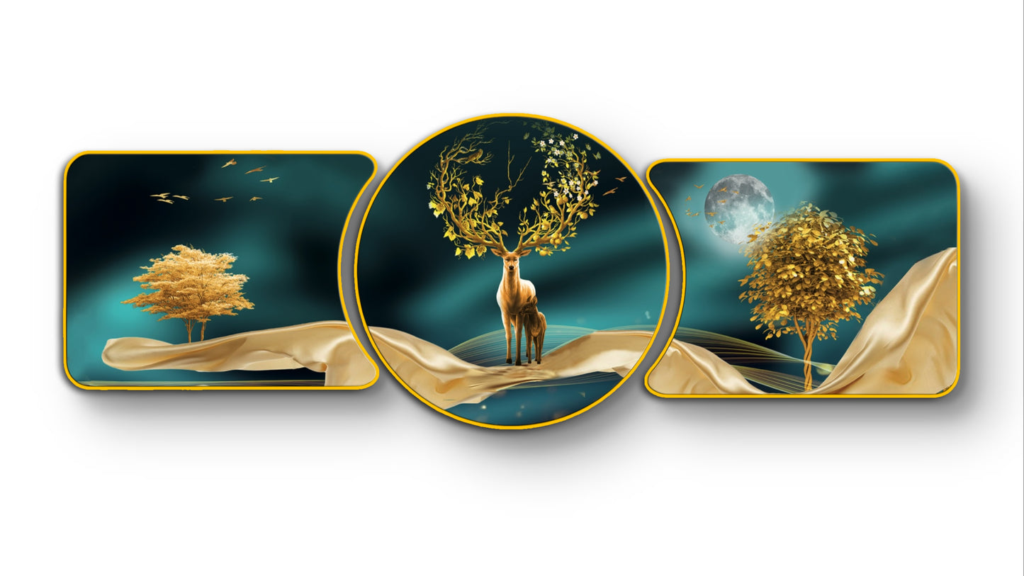 Golden Deer in Enchanted Forest – Framed Crystal Glass Framed Wall Paintings For Wall Decoration at Home & Wall Decoration items - Set of 3