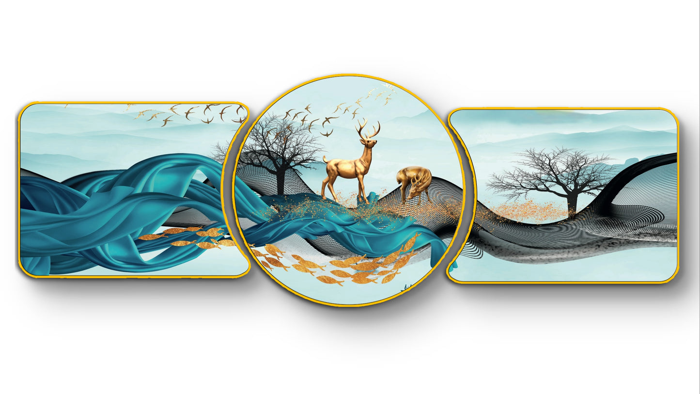 Majestic Golden Deer with Trees & Waves Framed Glass Crystal Painting Framed Wall Paintings For Wall Decoration at Home & Wall Decoration items - Set of 3