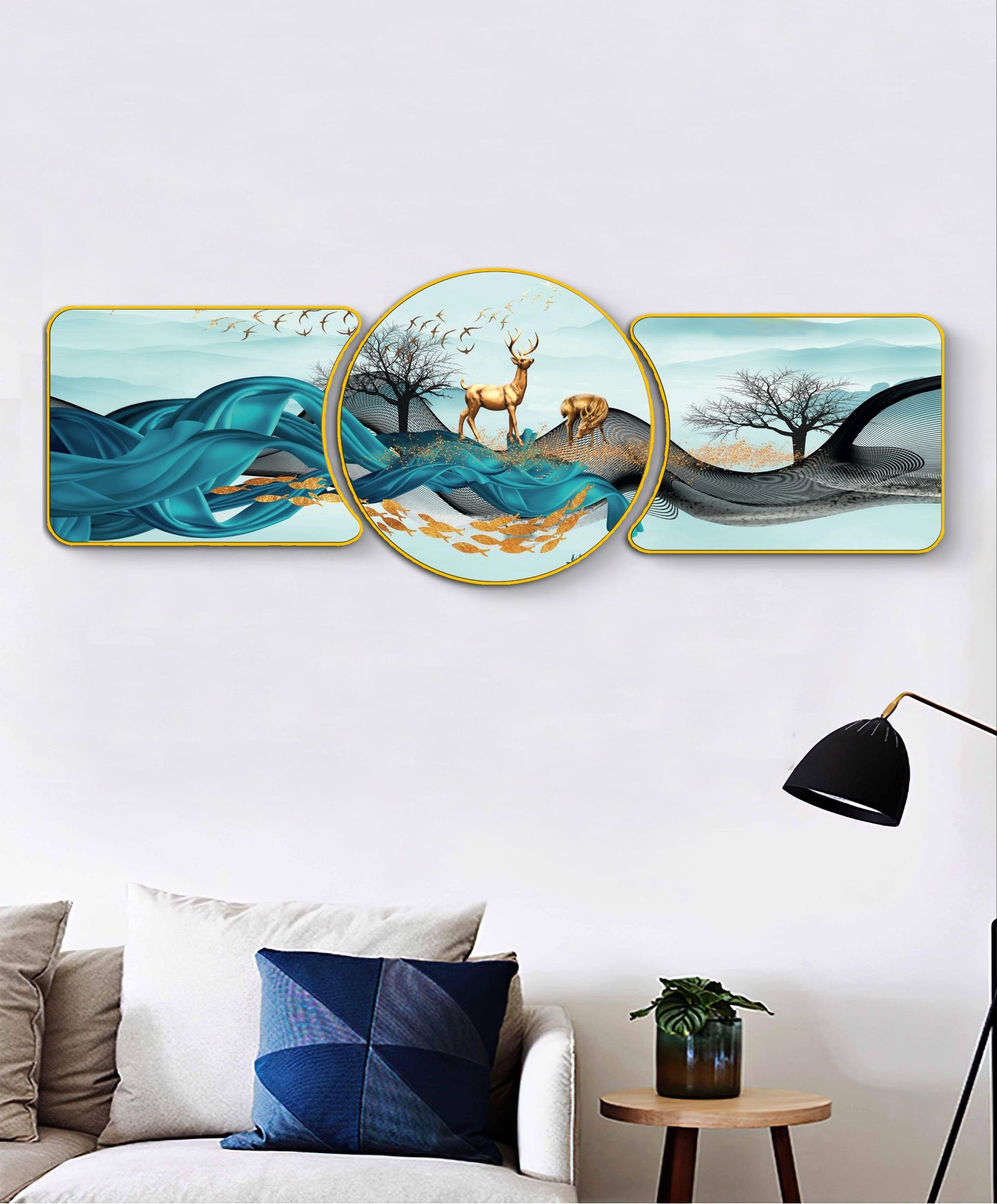 Majestic Golden Deer with Trees & Waves Framed Glass Crystal Painting Framed Wall Paintings For Wall Decoration at Home & Wall Decoration items - Set of 3