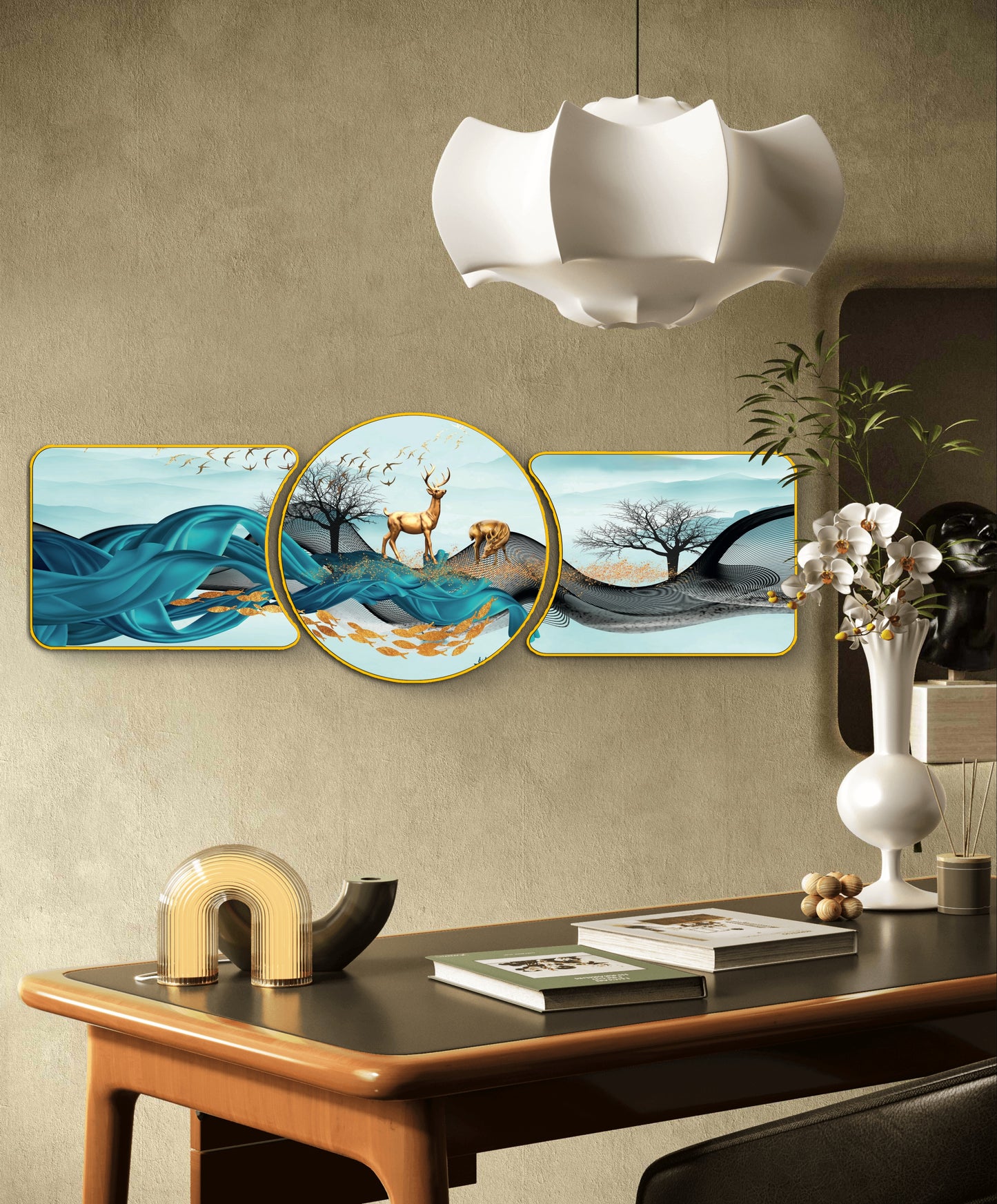 Majestic Golden Deer with Trees & Waves Framed Glass Crystal Painting Framed Wall Paintings For Wall Decoration at Home & Wall Decoration items - Set of 3