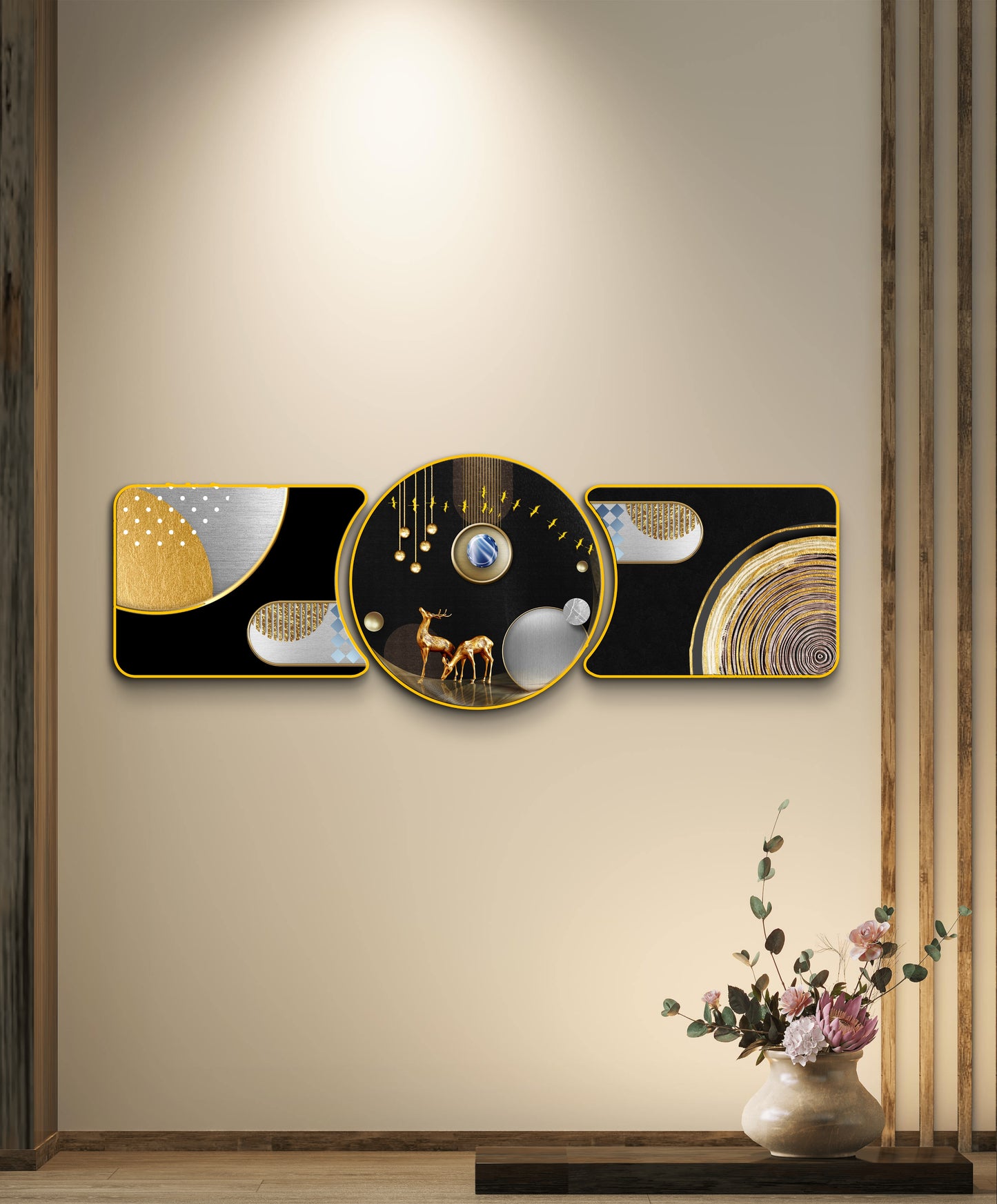 Buy Crystal Glass Framed Wall Paintings Golden Deer Framed - set of 3