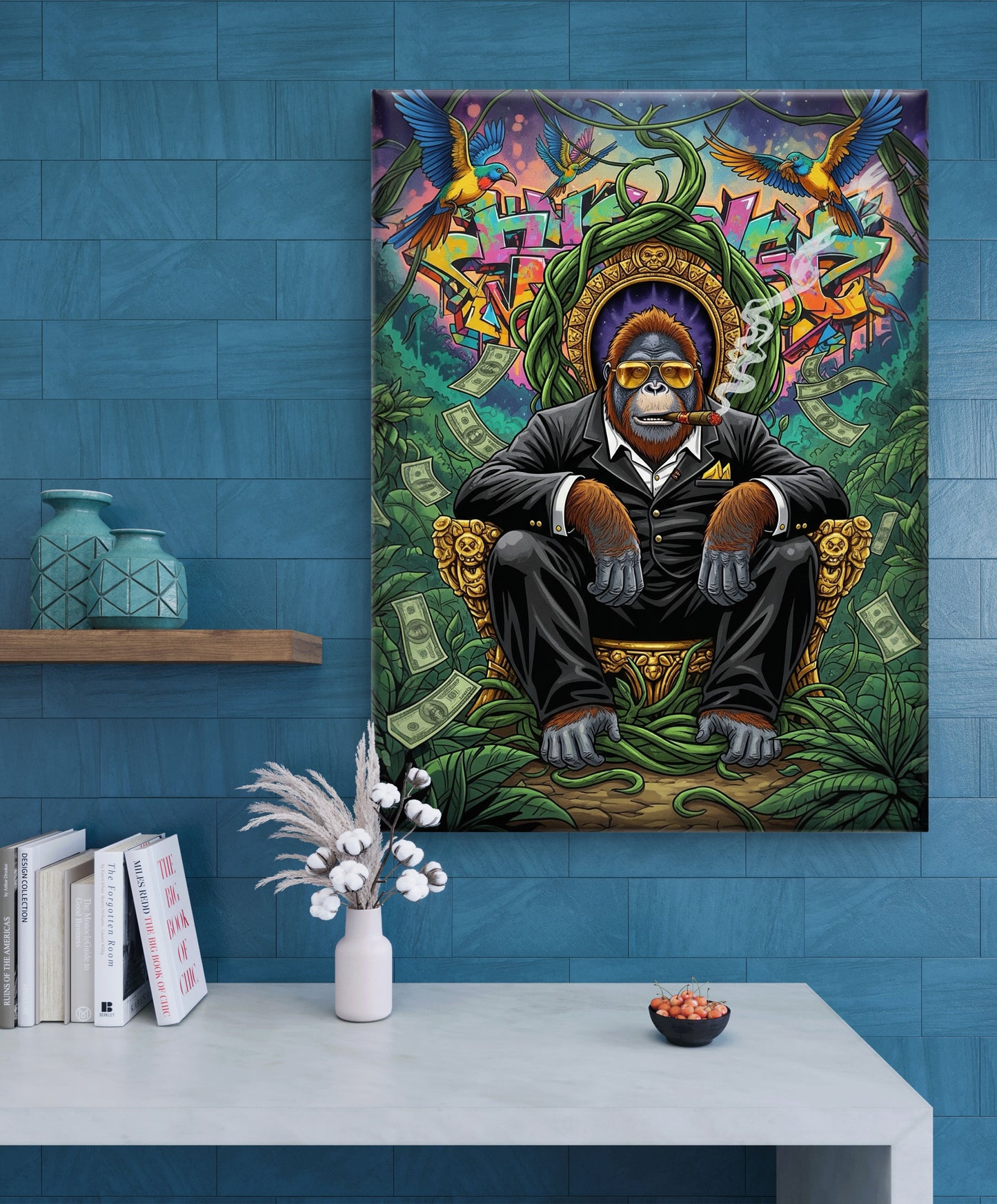 MONKEY WEARING SUNGLASSES IN GRAFFITI BACKGROUND CANVAS PAINTING