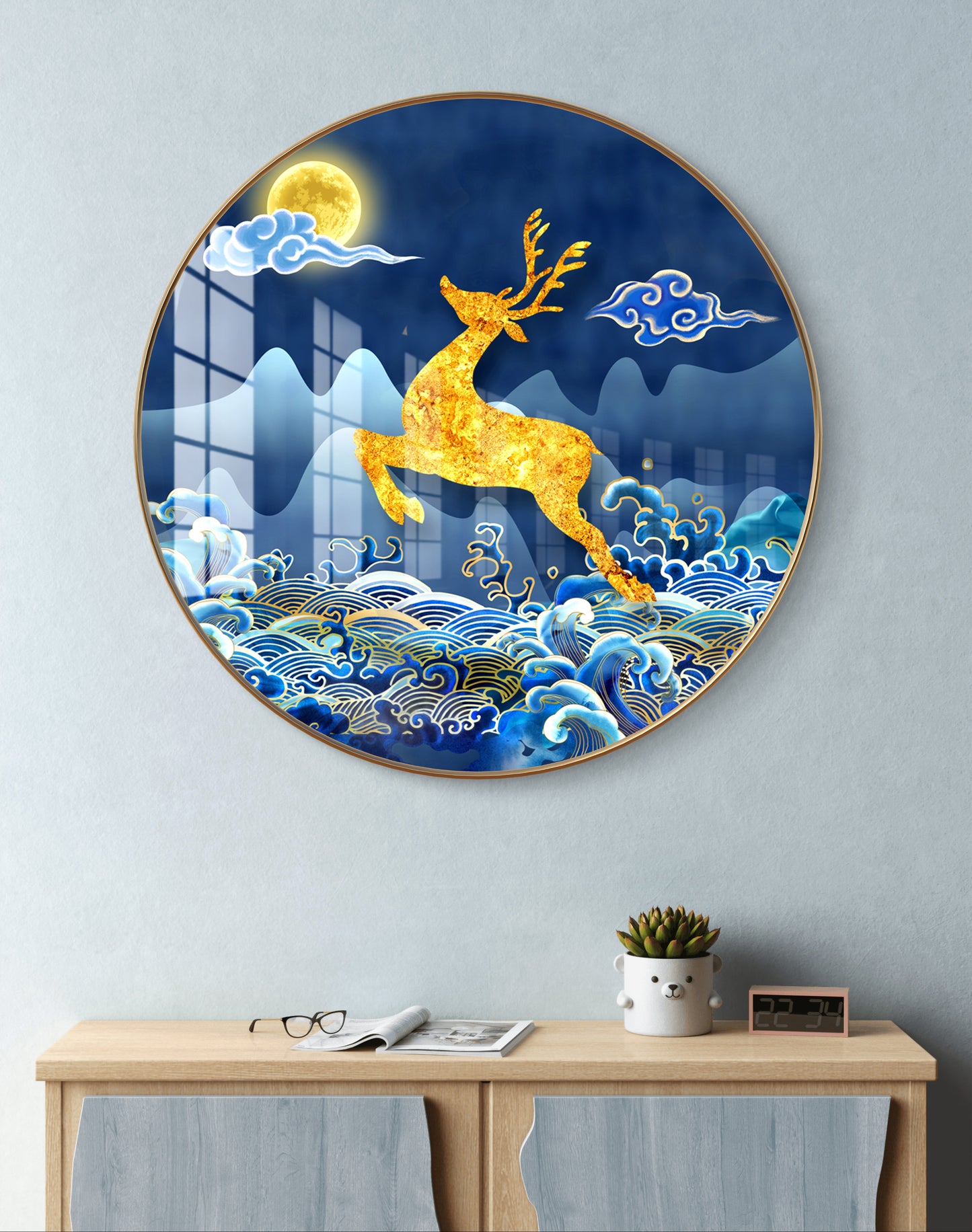 Round golden deer abstract crystal resin art work