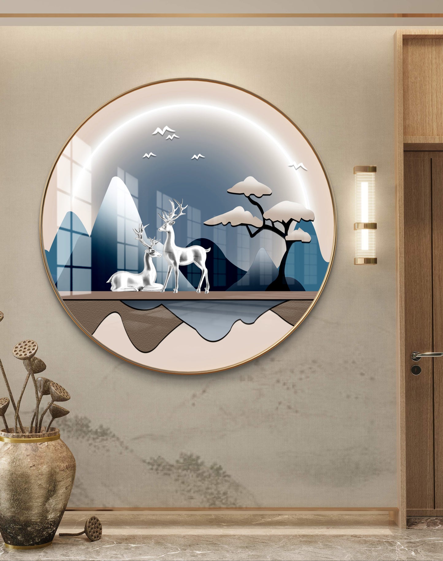 Round silver deer crystal resin art work