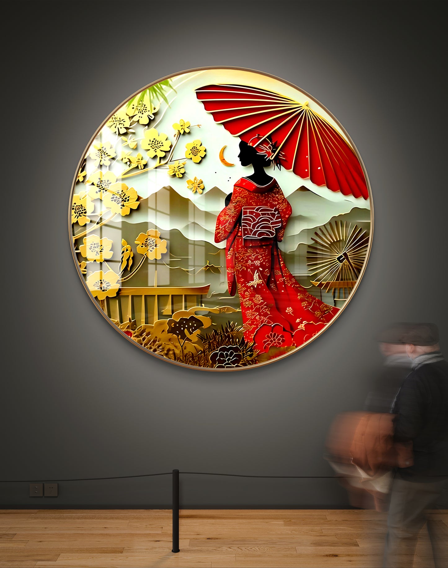 Round japanese woman with umbrella crystal resin art work