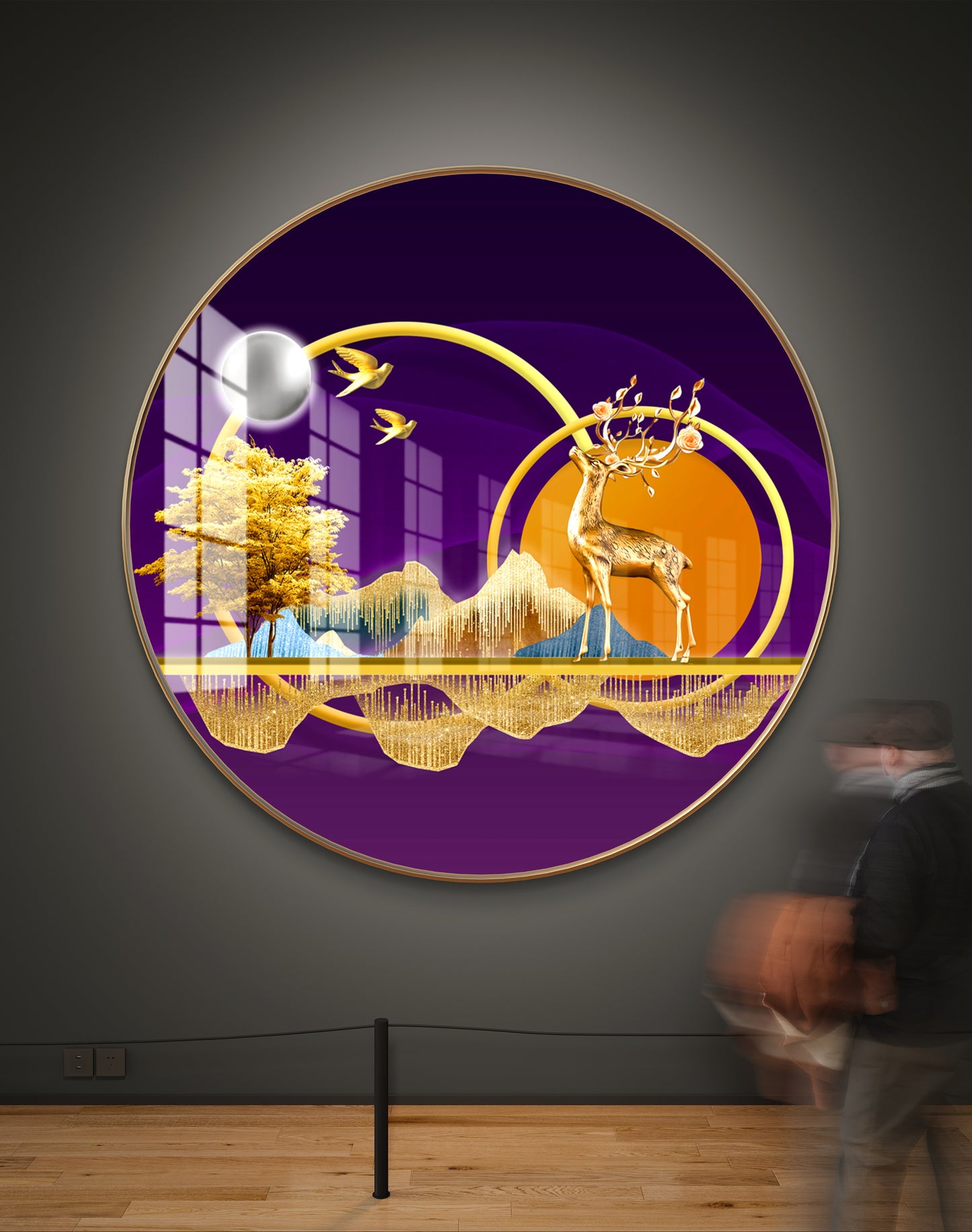 Round golden tree & deer crystal resin art work