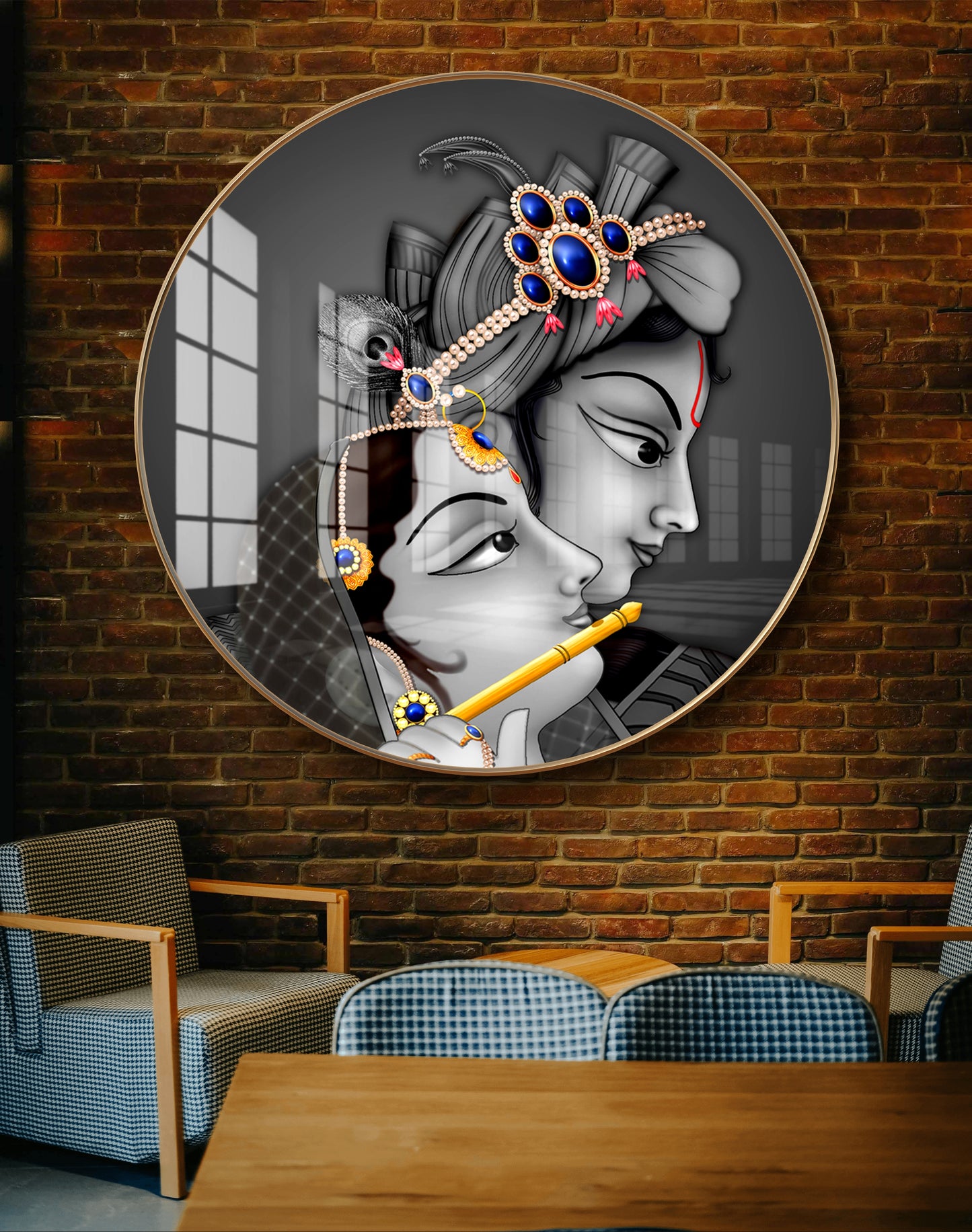 Round radha krishna face black white crystal resin art work