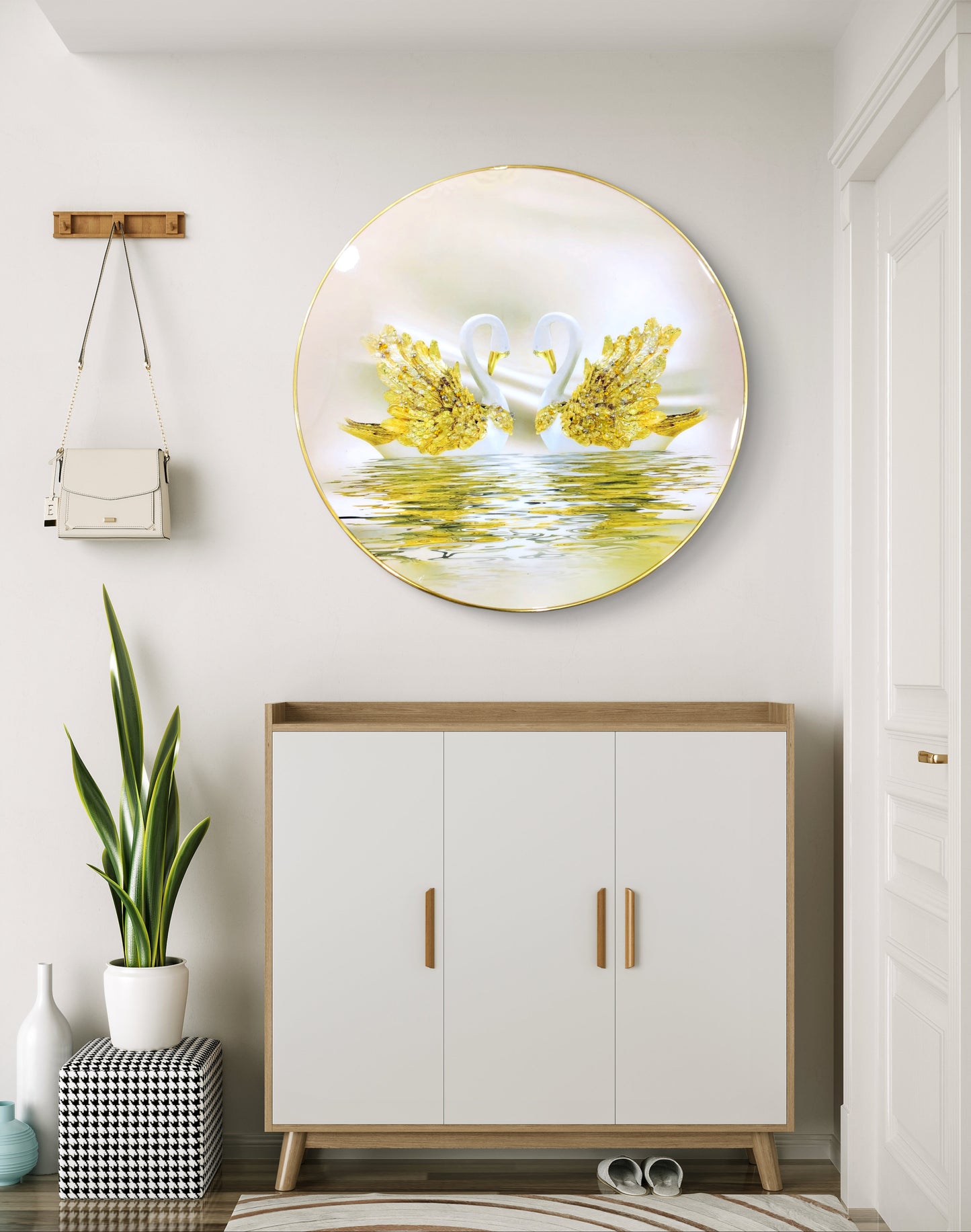 Round Golden and White Swan Crystal Raisin Art Golden Sleek Frame