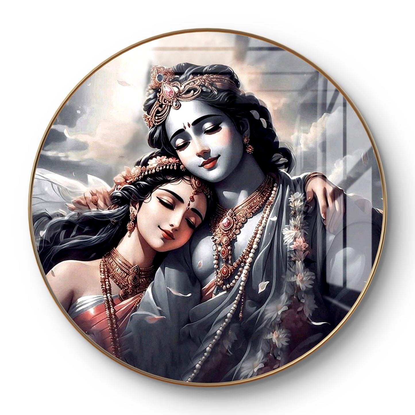 Round black & white radha krishna crystal resin art work