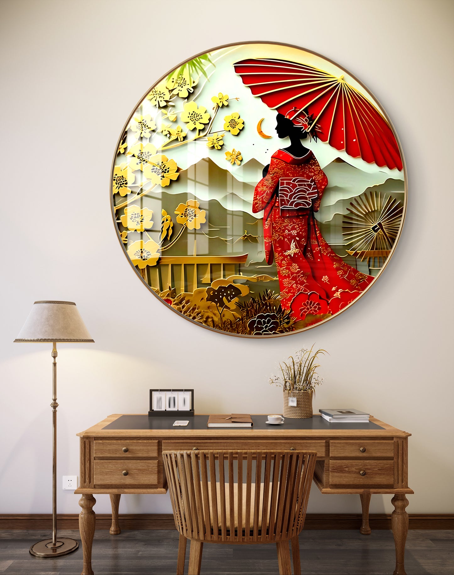 Round japanese woman with umbrella crystal resin art work