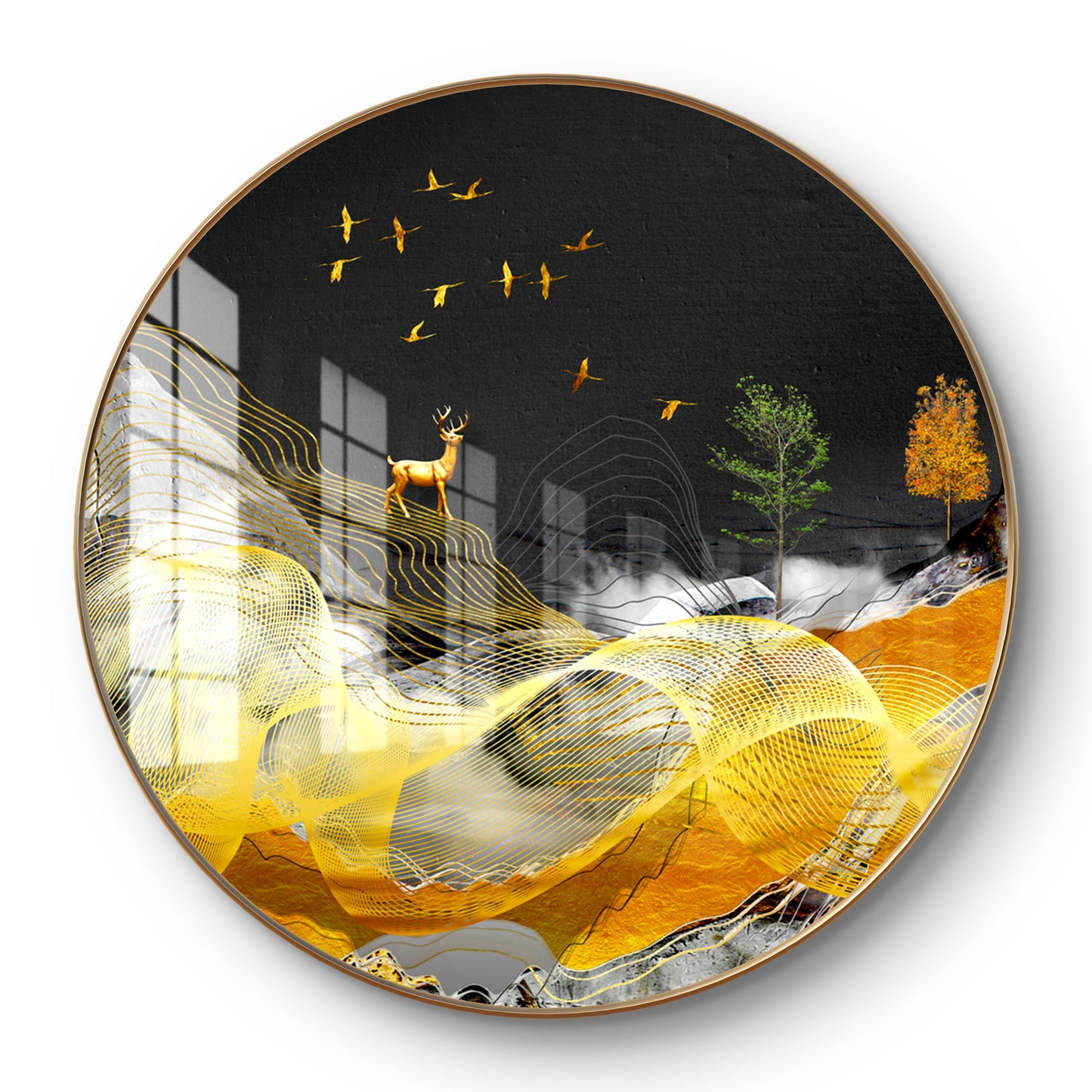 Round deer with birds and golden waves crystal resin art work