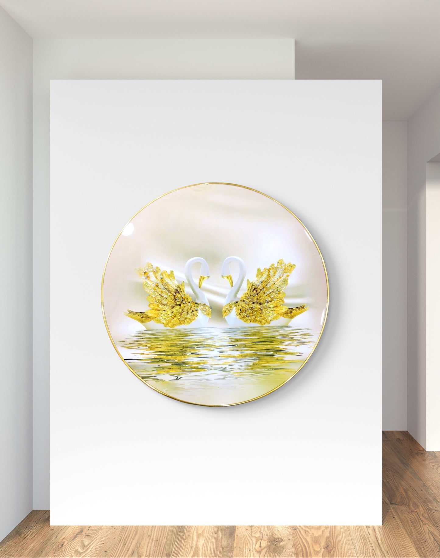 Round Golden and White Swan Crystal Raisin Art Golden Sleek Frame