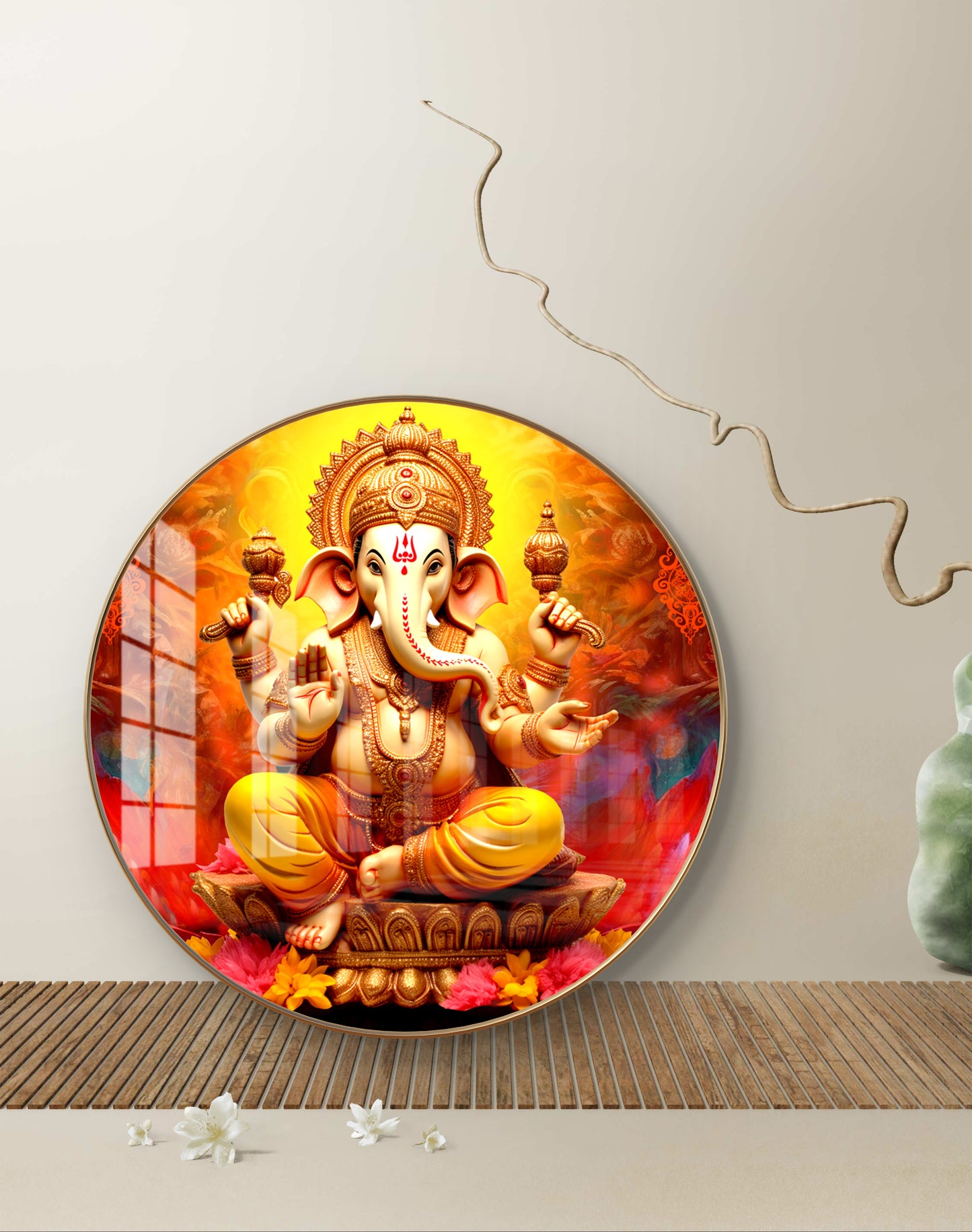 Round ganesha with yellow & red background crystal resin art work