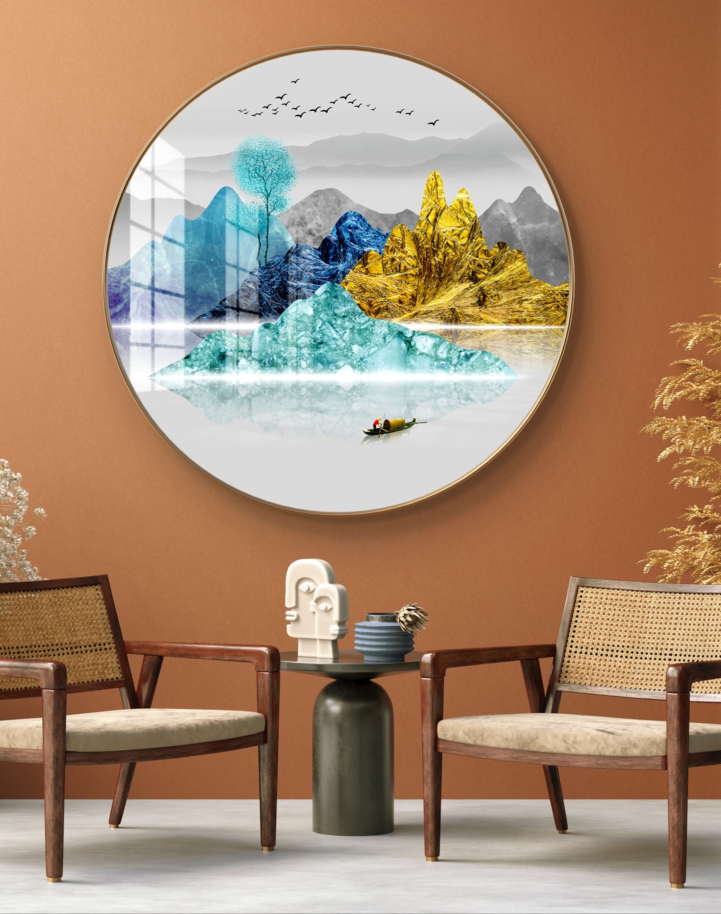 Round colorfull mountains and tree crystal resin art work