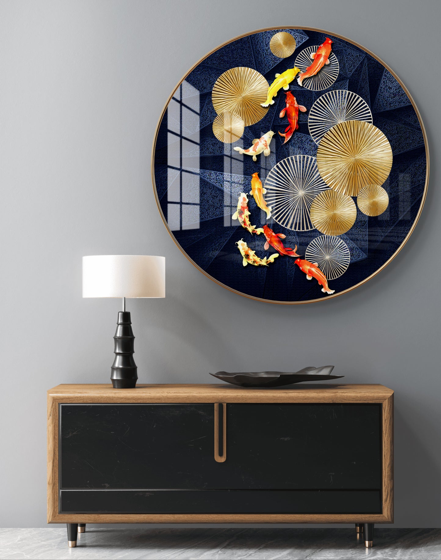 Round fish golden metal spheres crystal resin art work