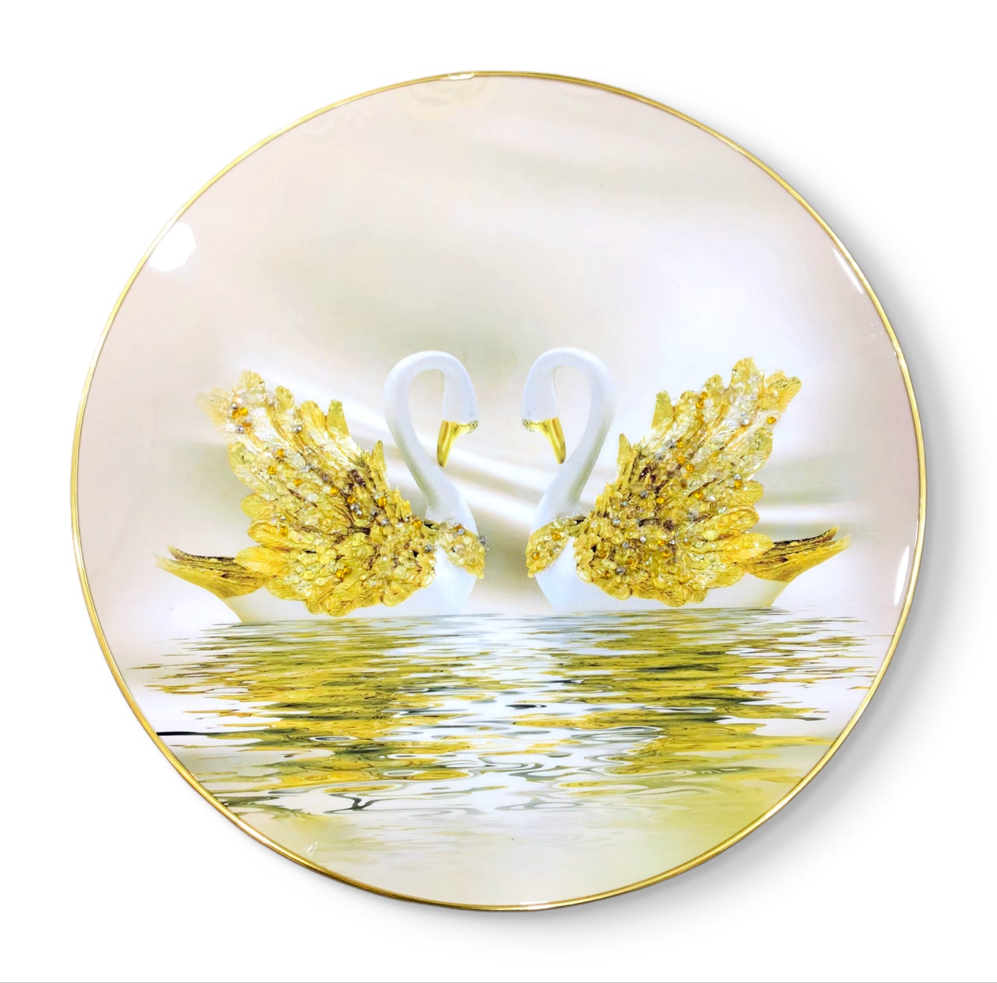 Round Golden and White Swan Crystal Raisin Art Golden Sleek Frame