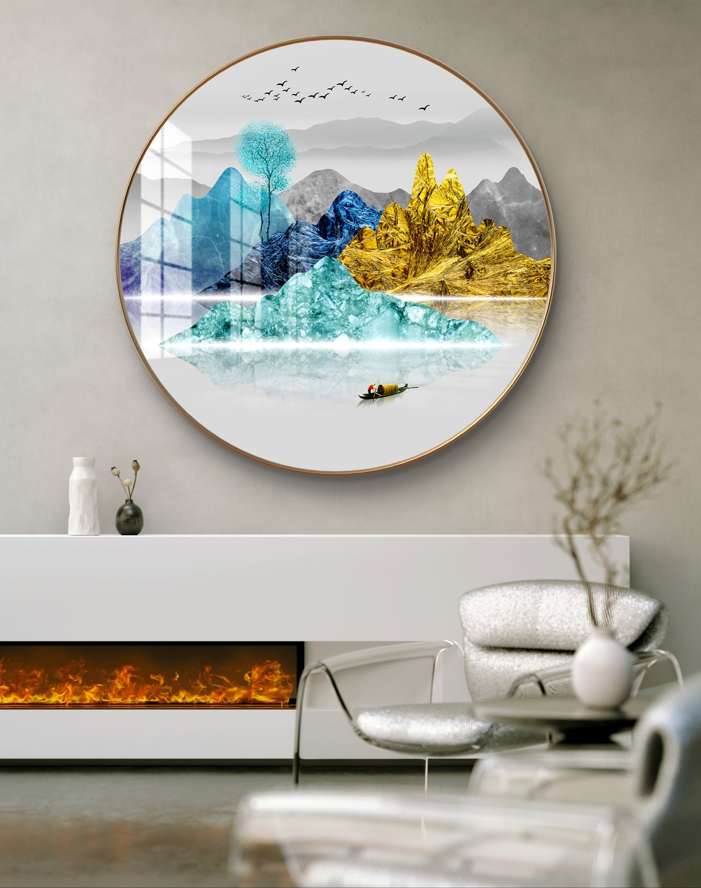 Round colorfull mountains and tree crystal resin art work