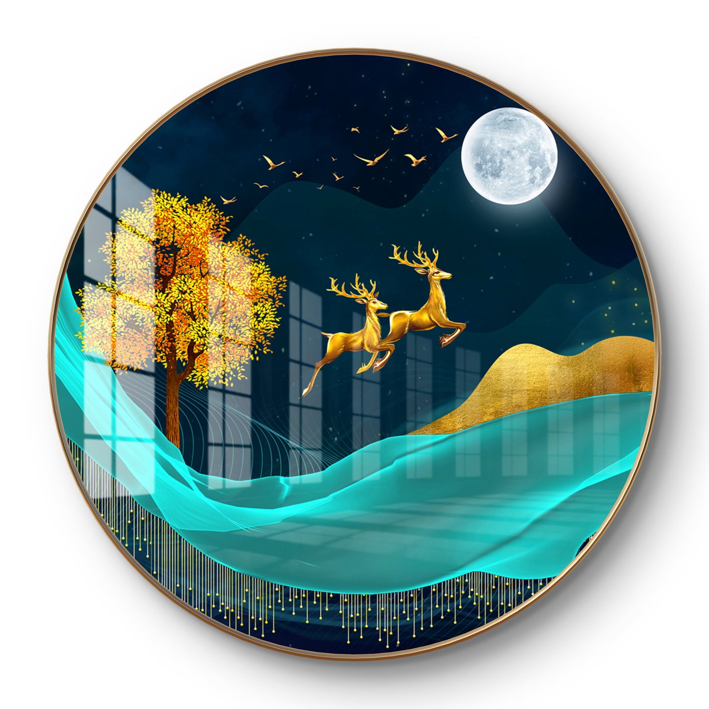 Round moon & golden deer, tree with amazing blue background crystal resin art work