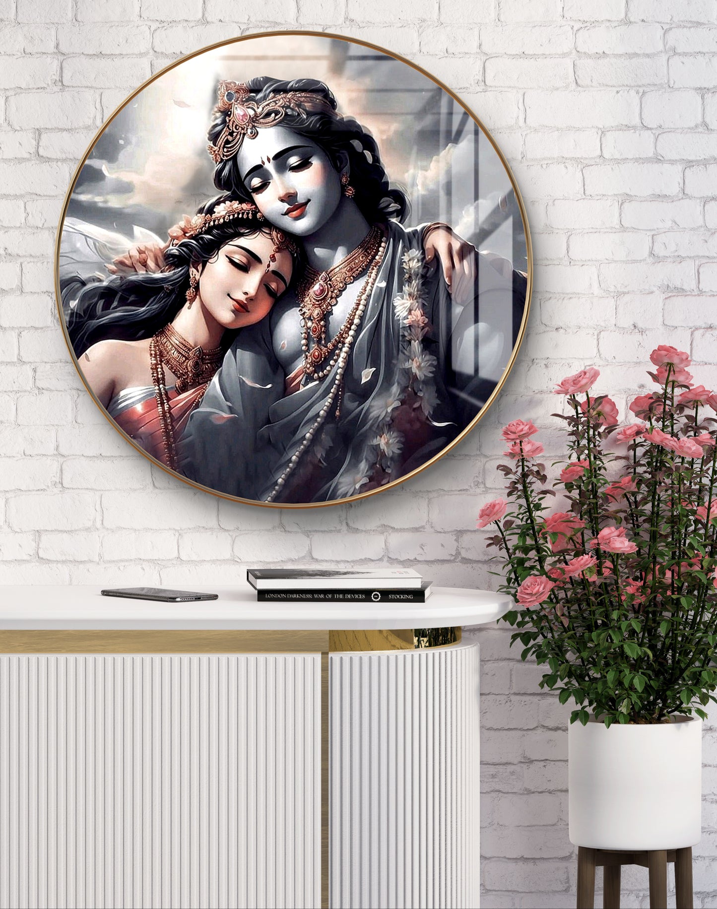 Round black & white radha krishna crystal resin art work