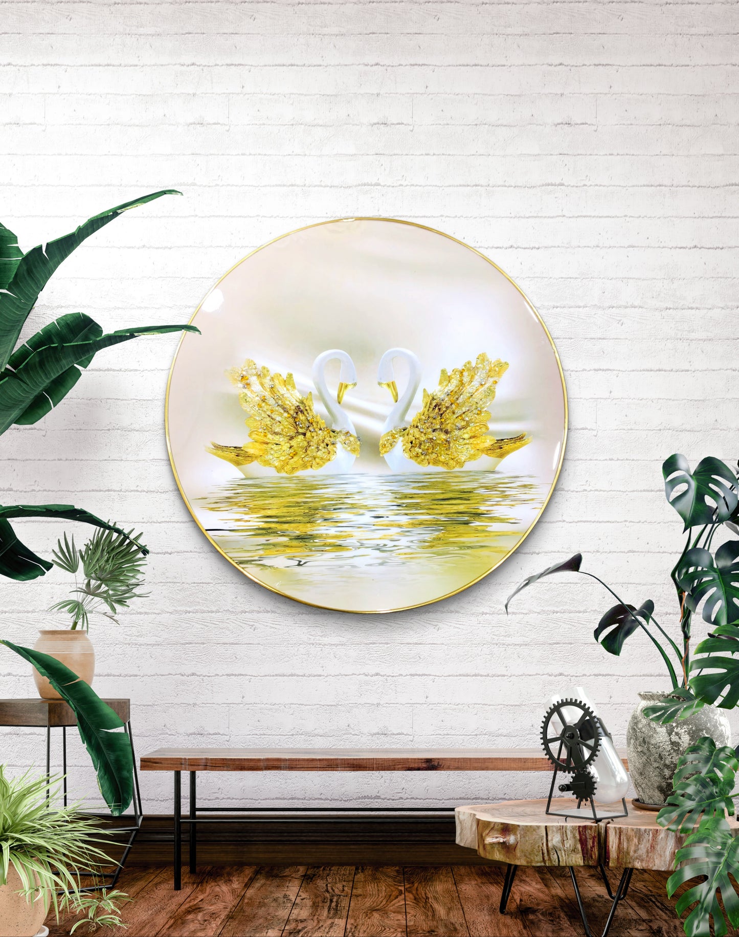Round Golden and White Swan Crystal Raisin Art Golden Sleek Frame
