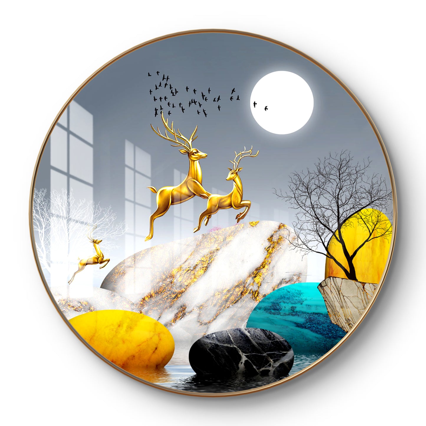 Round golden deer crystal resin art work
