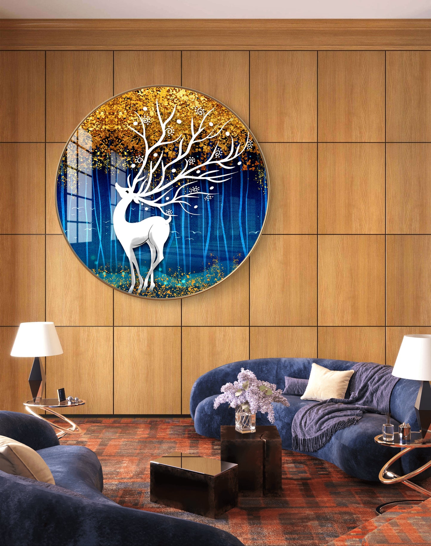 Round silver deer with blue-golden background crystal resin art work
