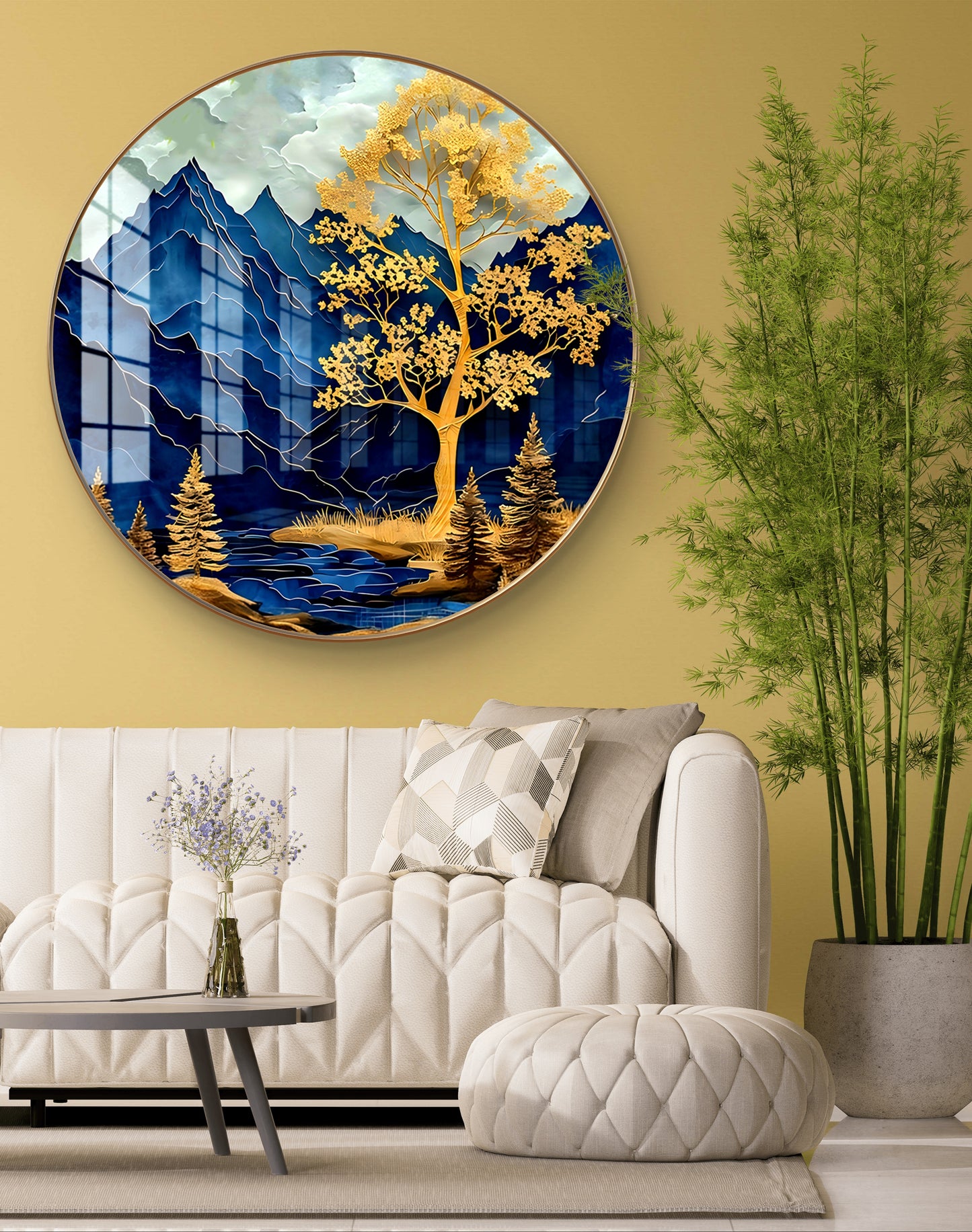 Round golden tree abstract crystal resin art work