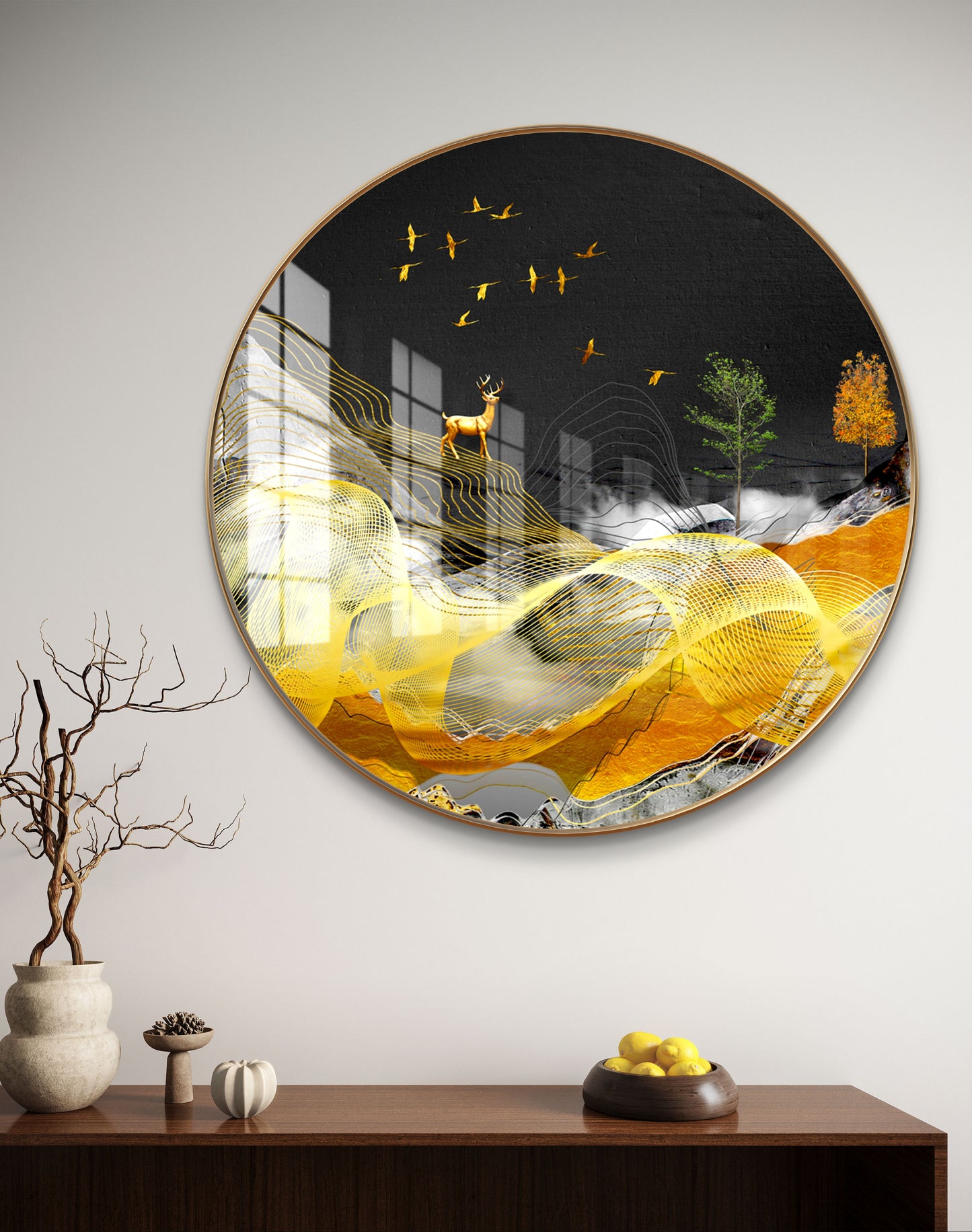 Round deer with birds and golden waves crystal resin art work
