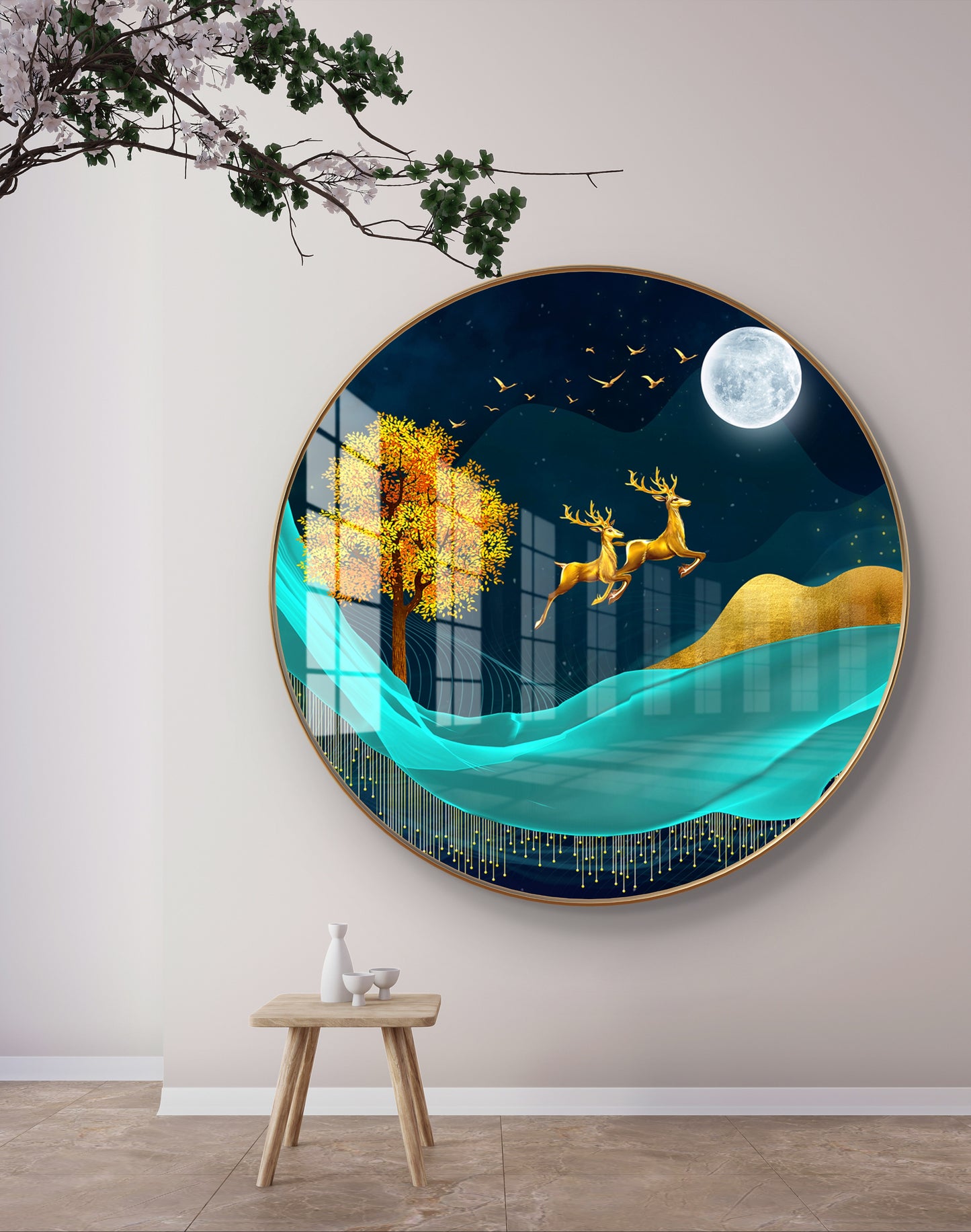 Round moon & golden deer, tree with amazing blue background crystal resin art work