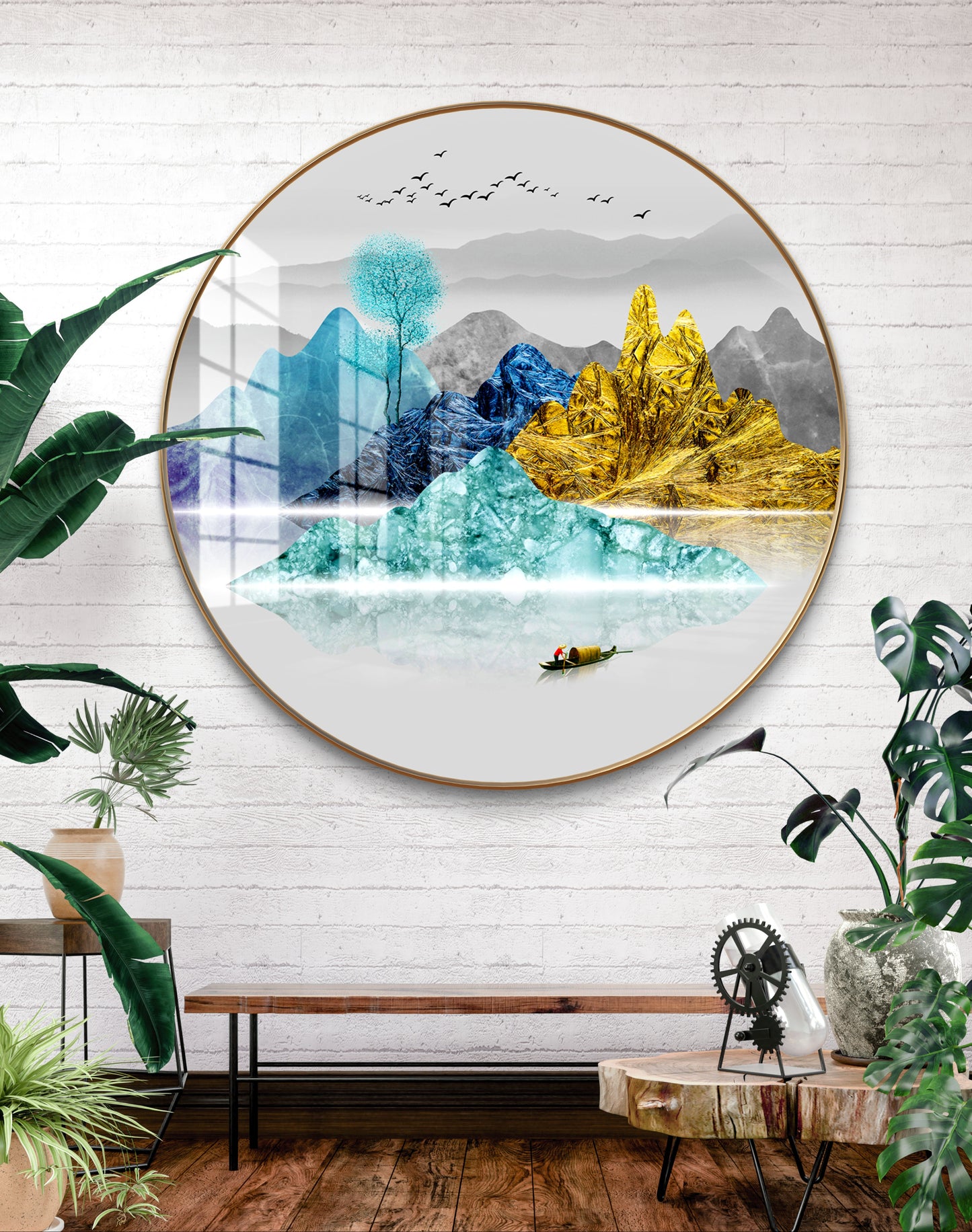 Round colorfull mountains and tree crystal resin art work