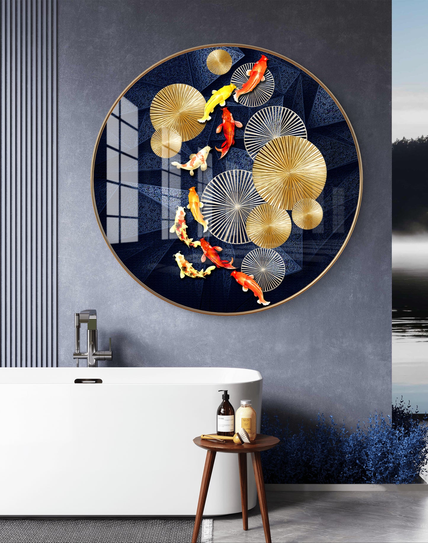 Round fish golden metal spheres crystal resin art work