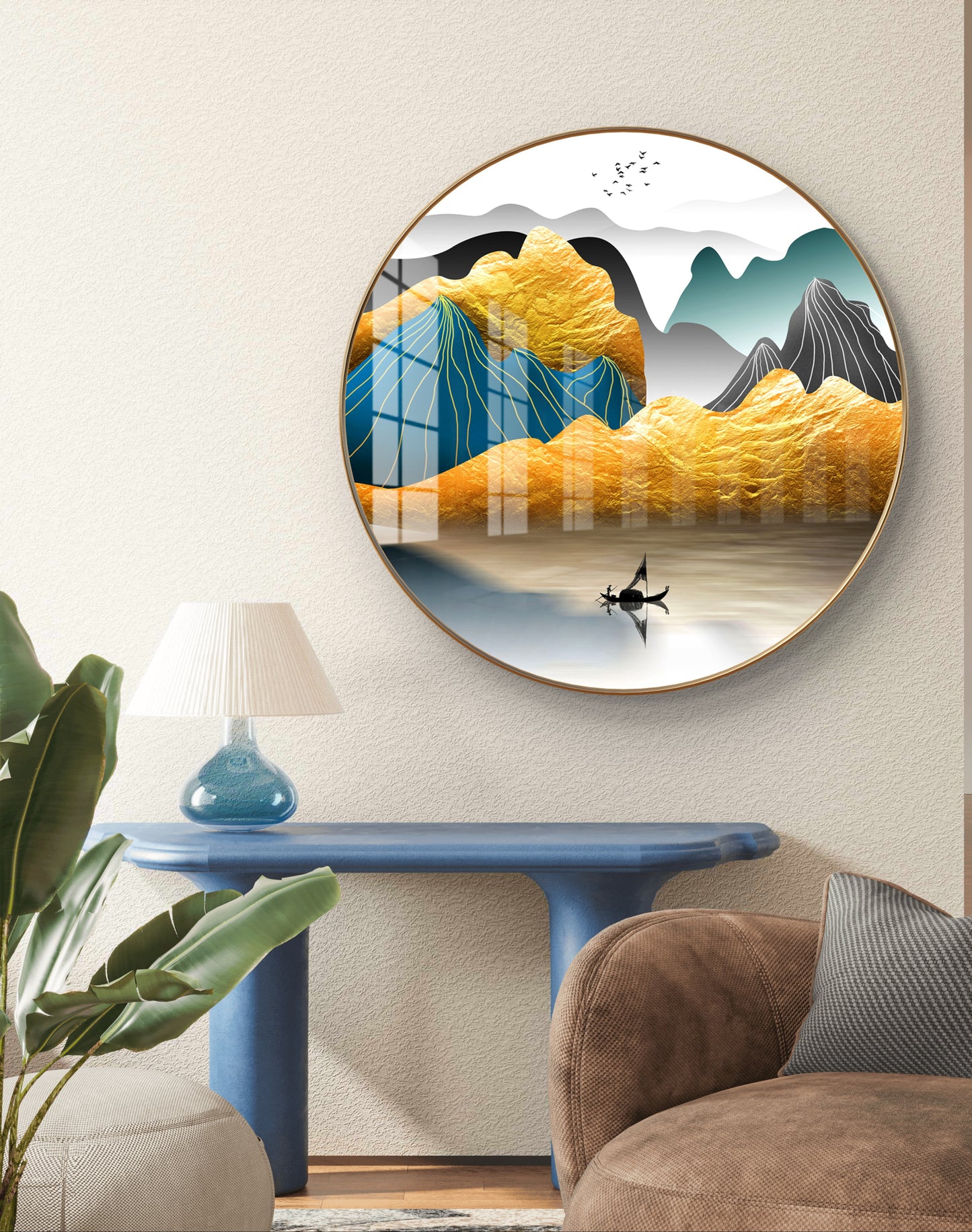 Round golden mountains natural landscape crystal resin art work