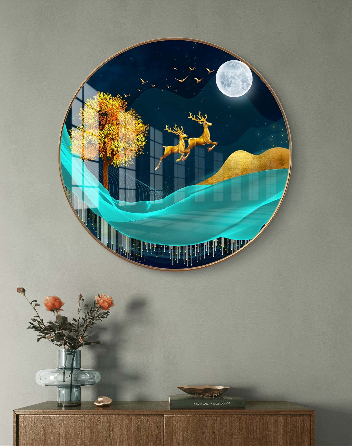 Round moon & golden deer, tree with amazing blue background crystal resin art work