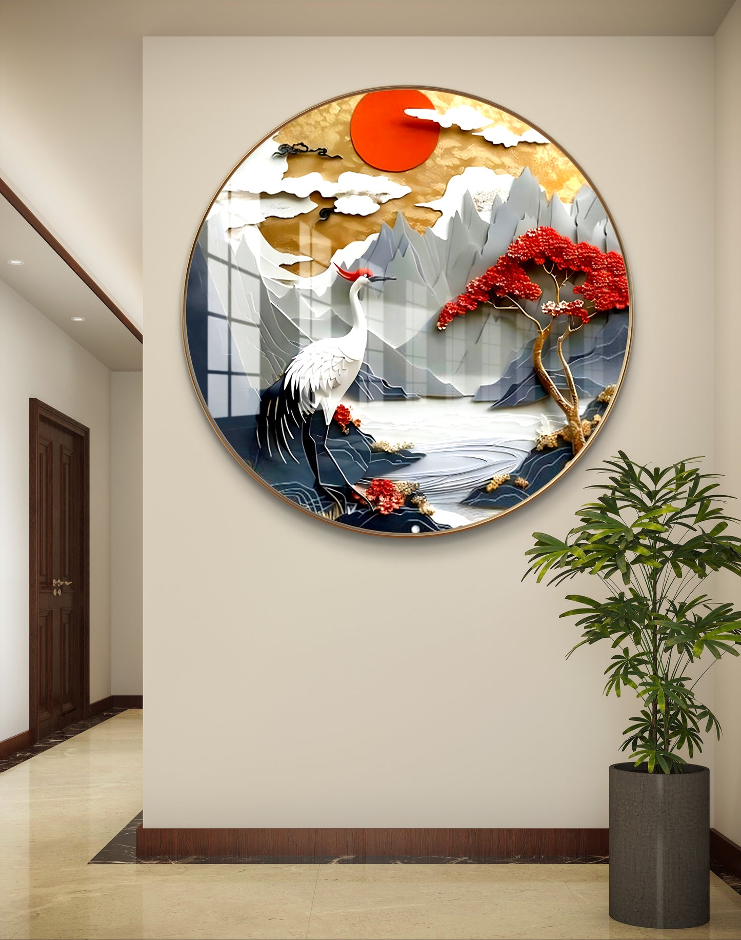 Round crane bird crystal resin art work