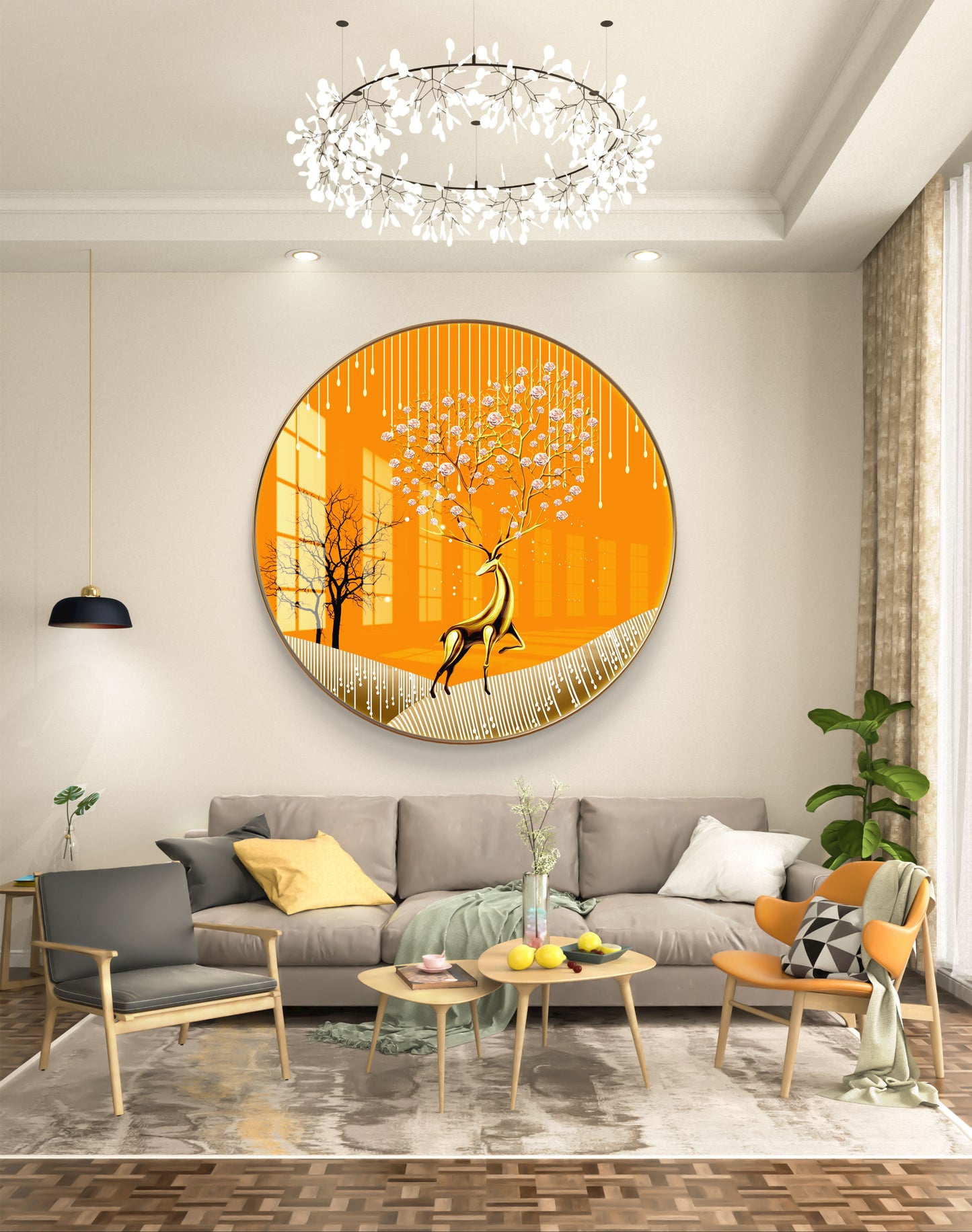 Round golden deer with yellow background crystal resin art work