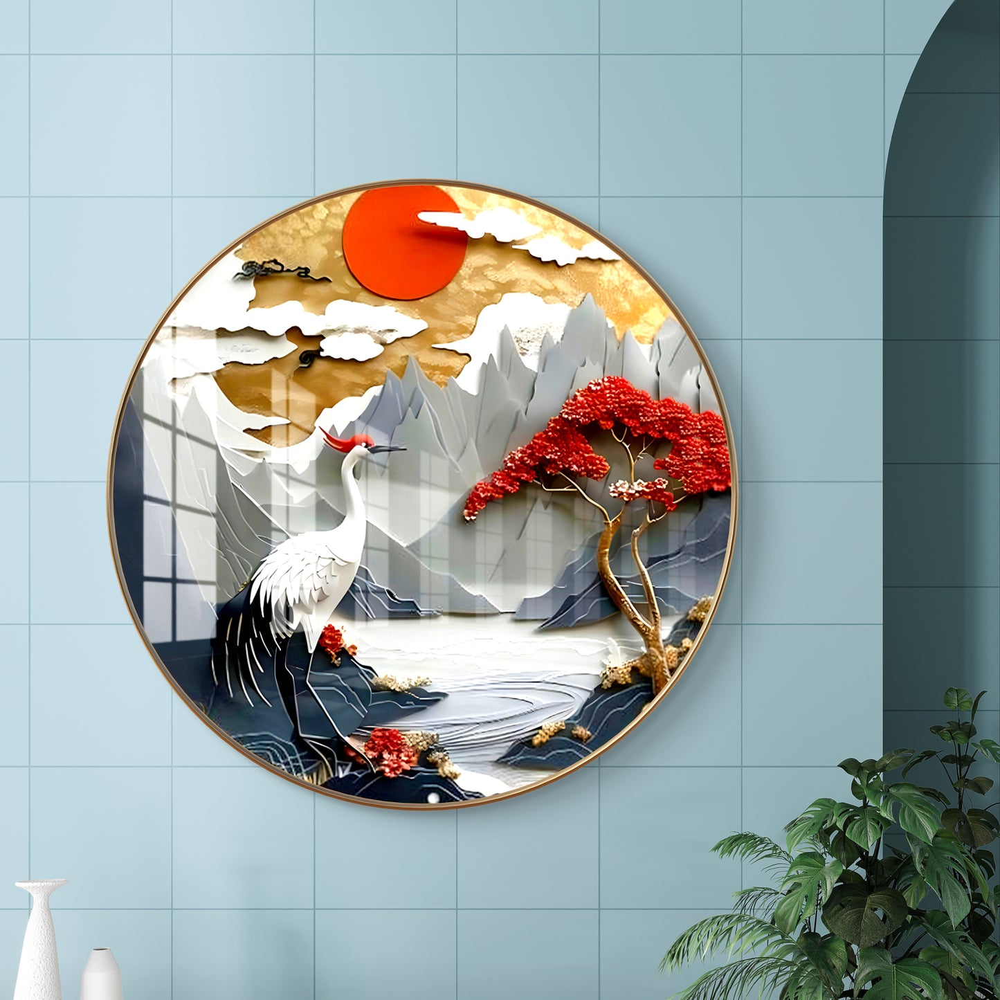 Round crane bird crystal resin art work