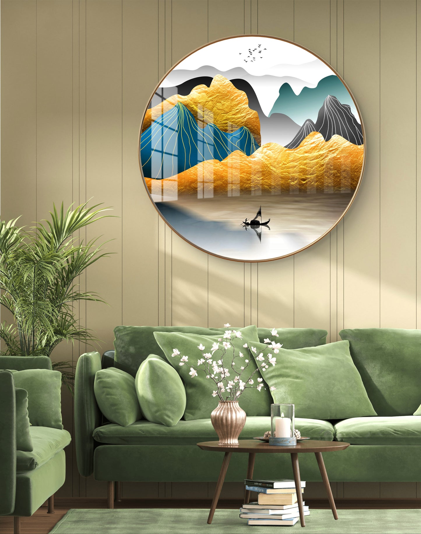 Round golden mountains natural landscape crystal resin art work