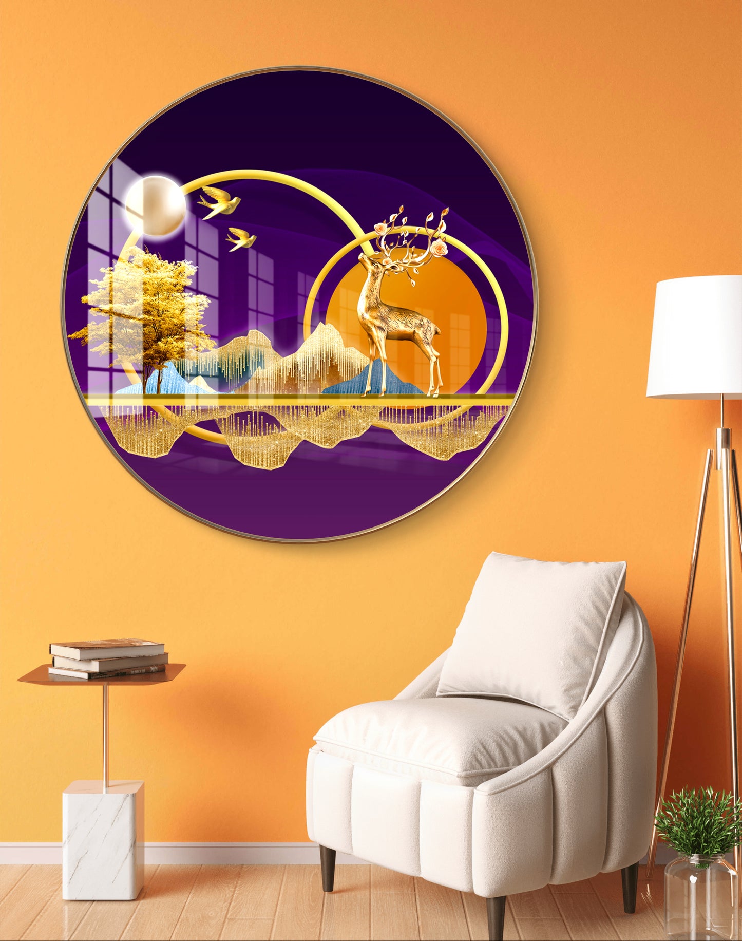 Round golden tree & deer crystal resin art work