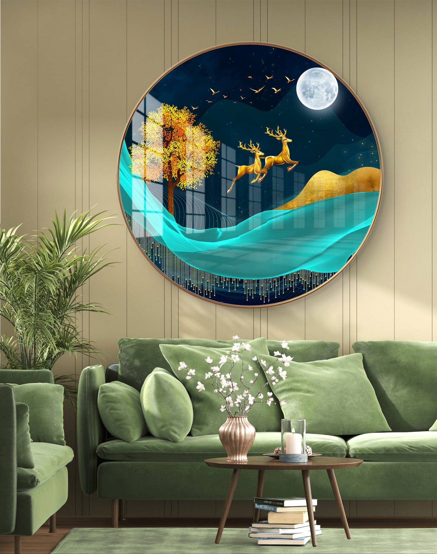Round moon & golden deer, tree with amazing blue background crystal resin art work