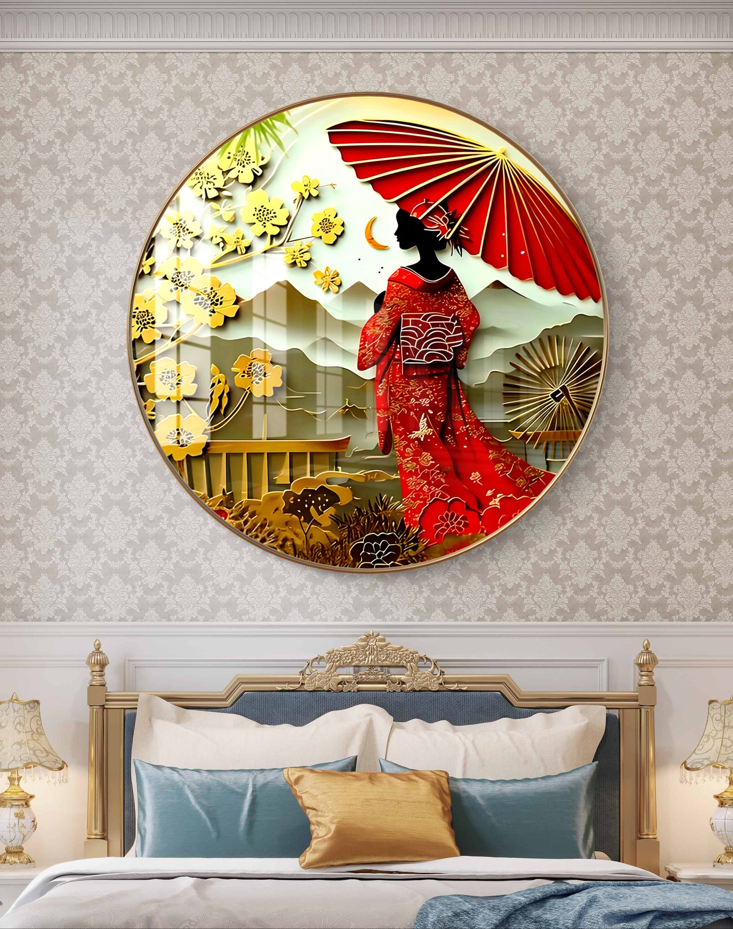 Round japanese woman with umbrella crystal resin art work