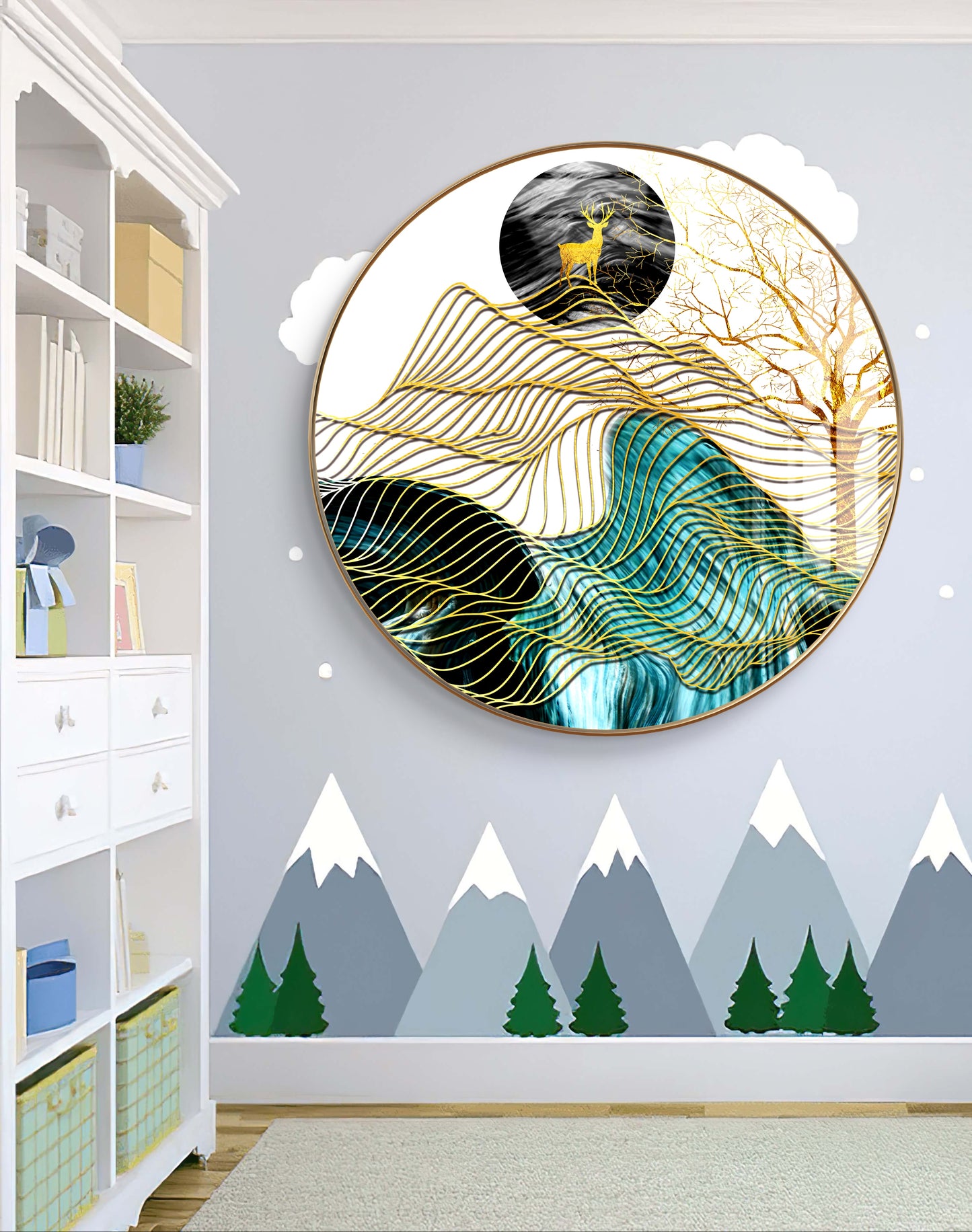 Round golden waves & deer crystal resin