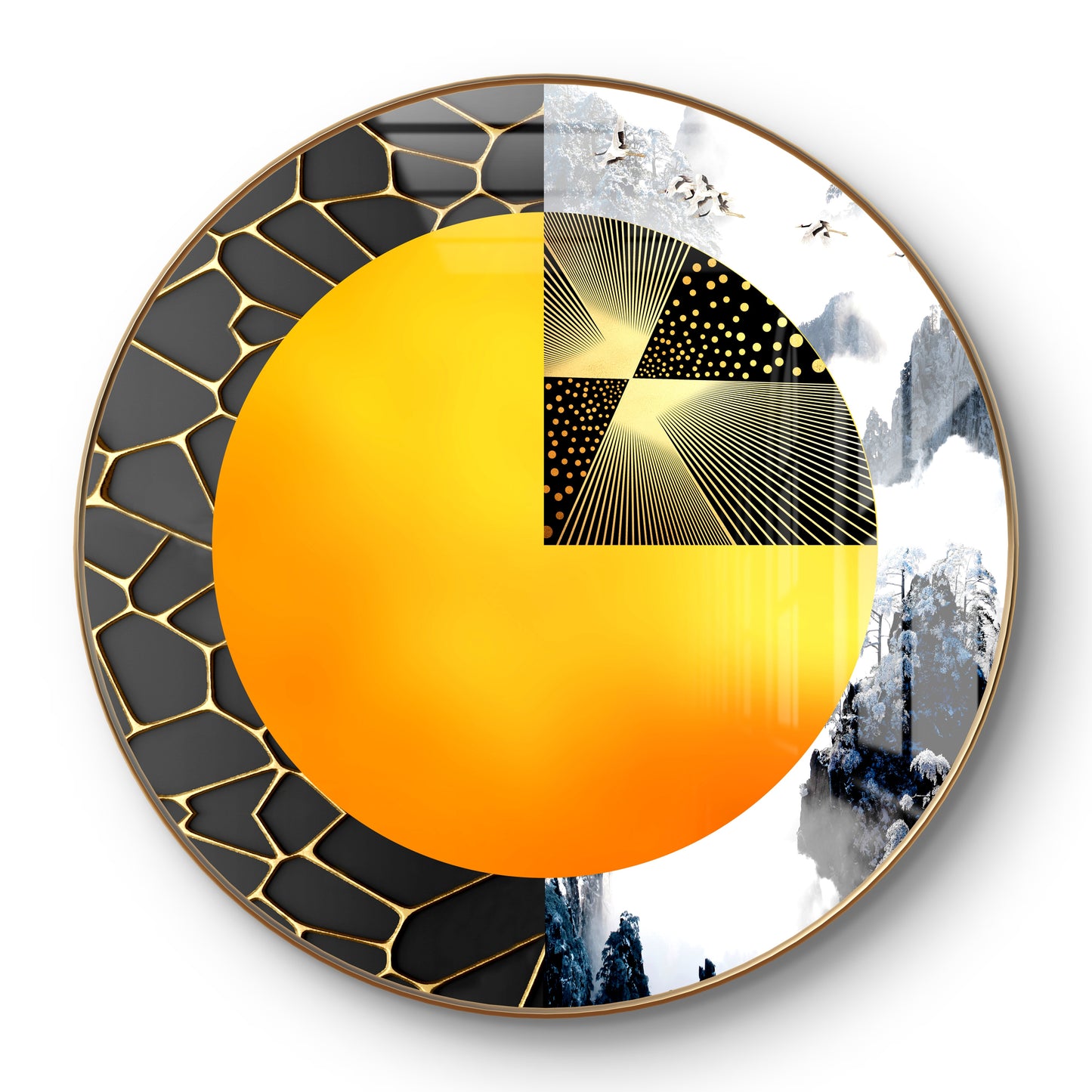 Round orange black and gold abstract art crystal resin