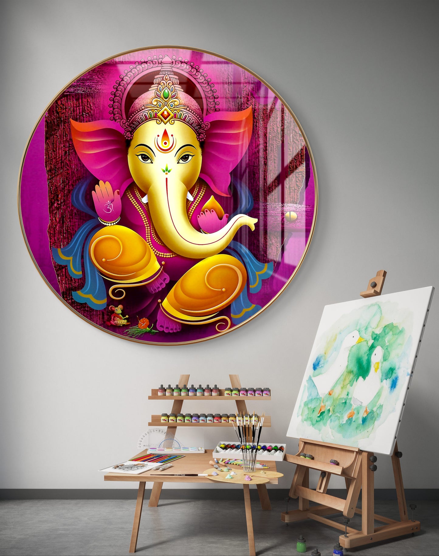 Round pink ganpati painting crystal resin