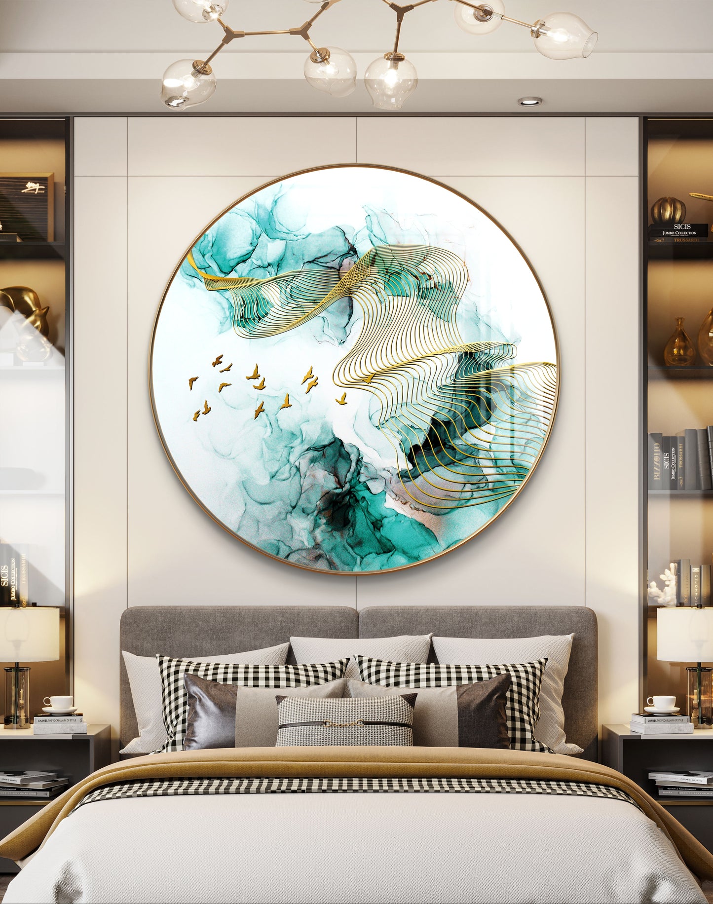 Round golden birds flying in green waves crystal resin