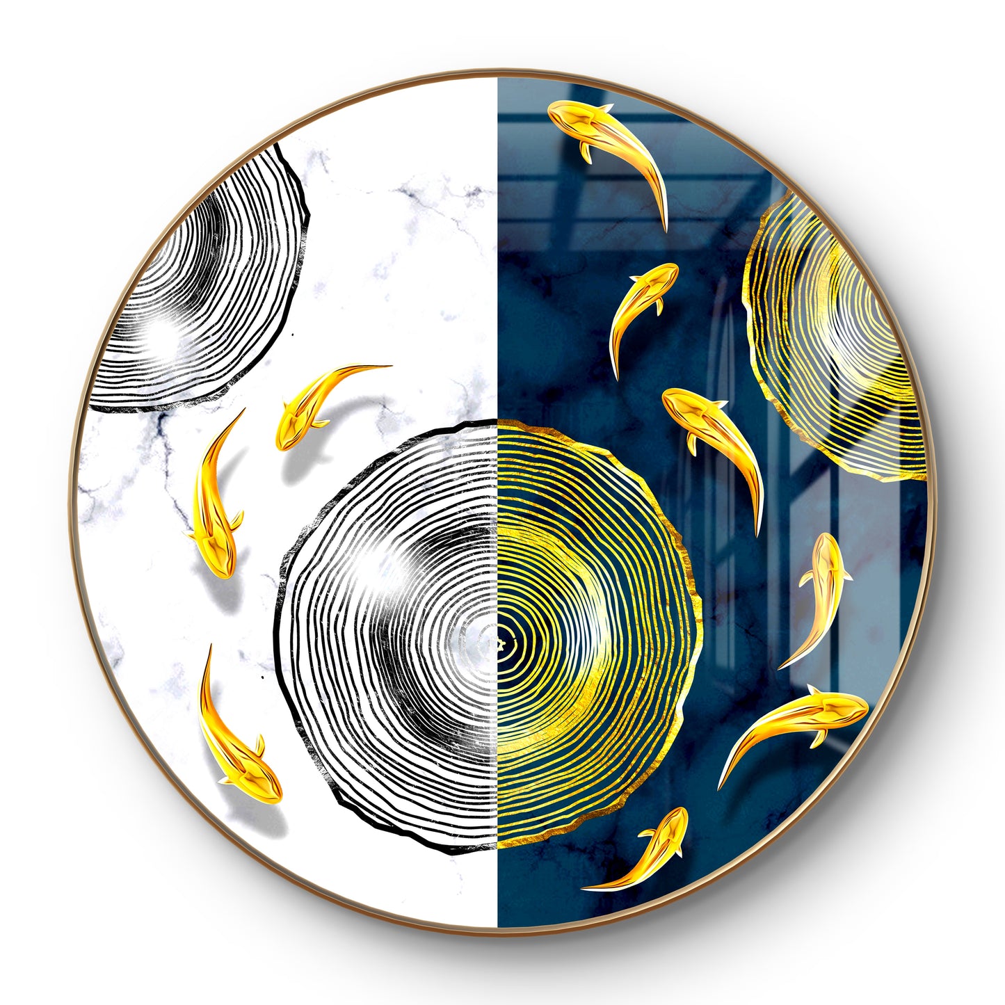 Round golden fish in blue & white background crystal resin