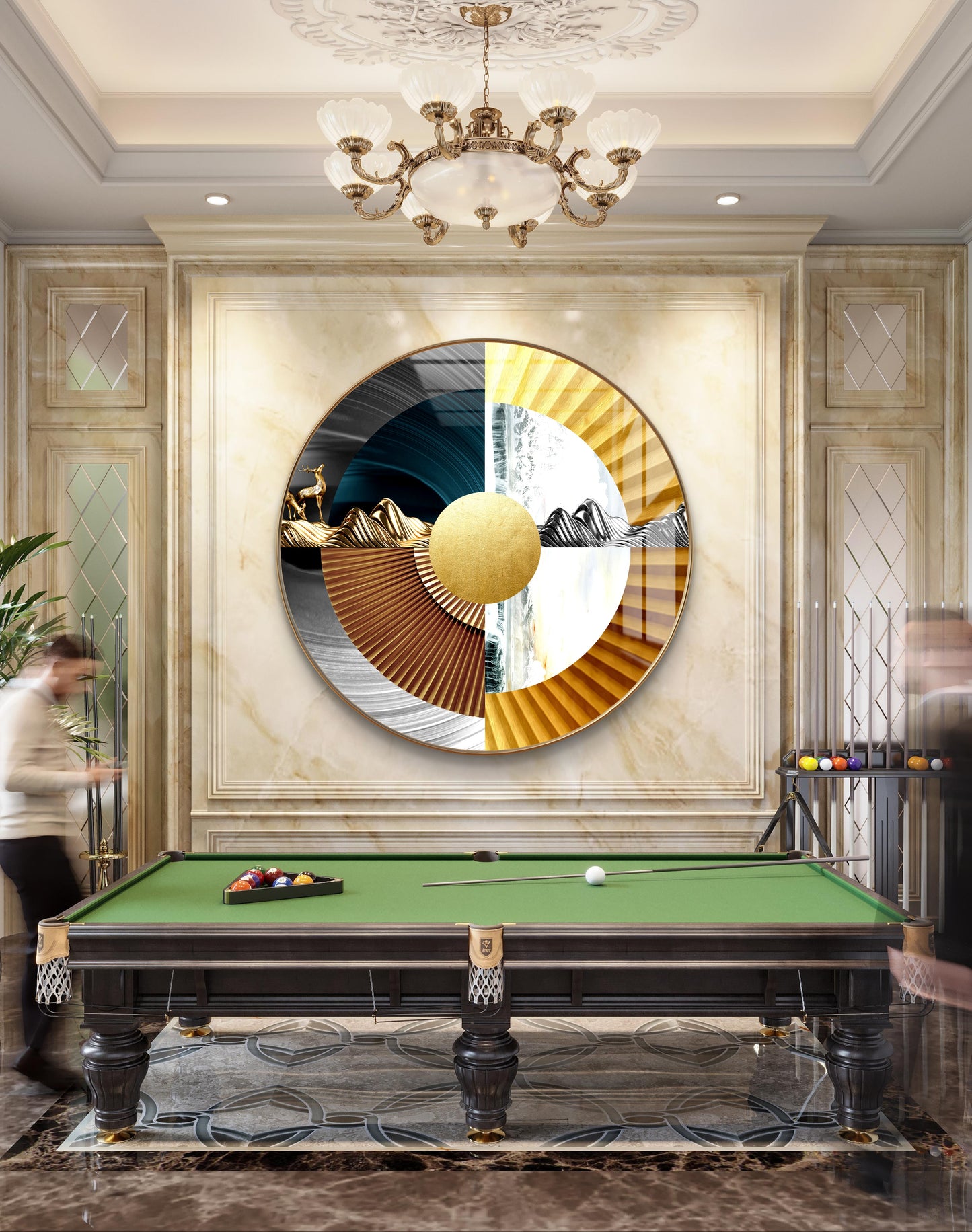 Round abstract spheres with golden deer crystal resin
