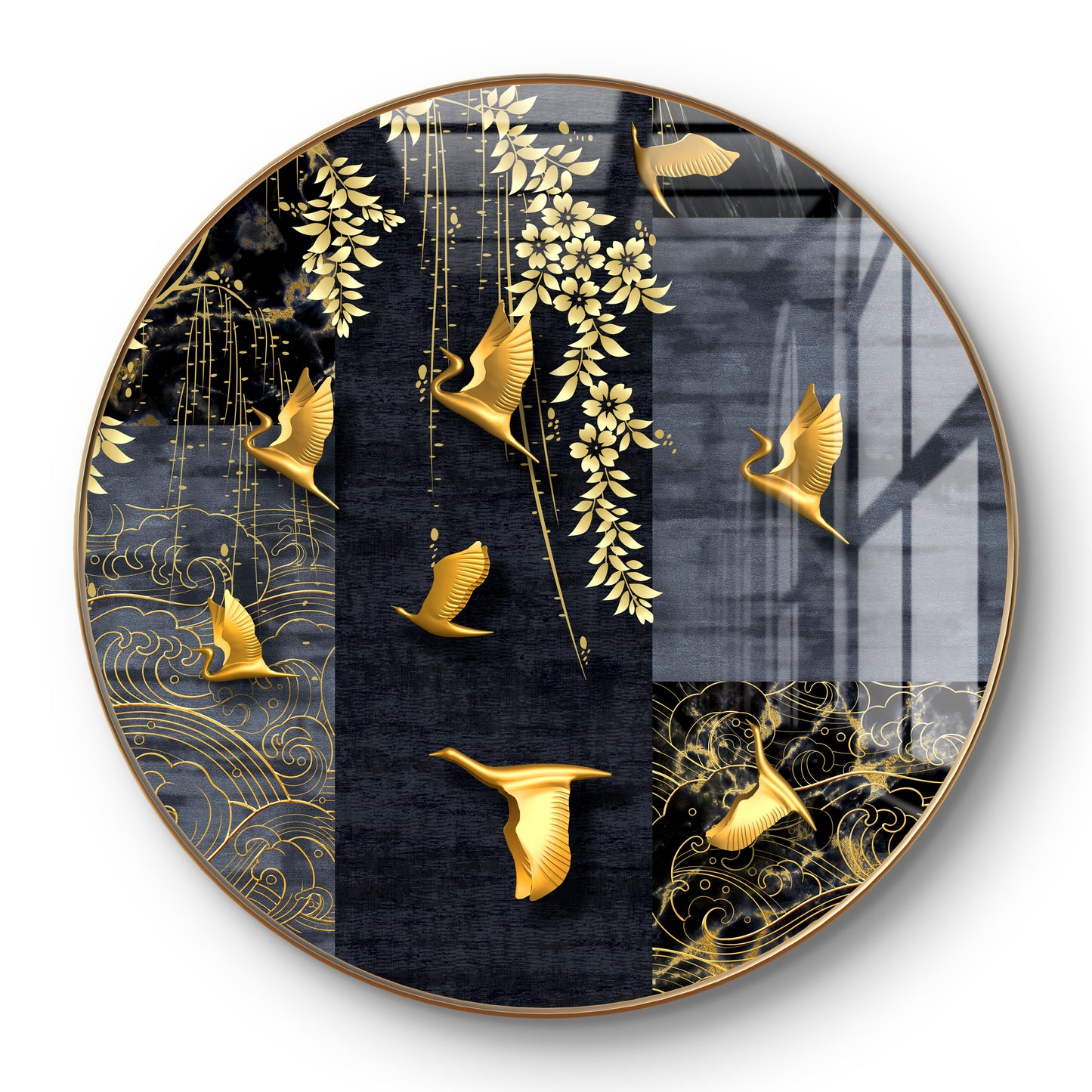Round golden birds and leaves crystal resin